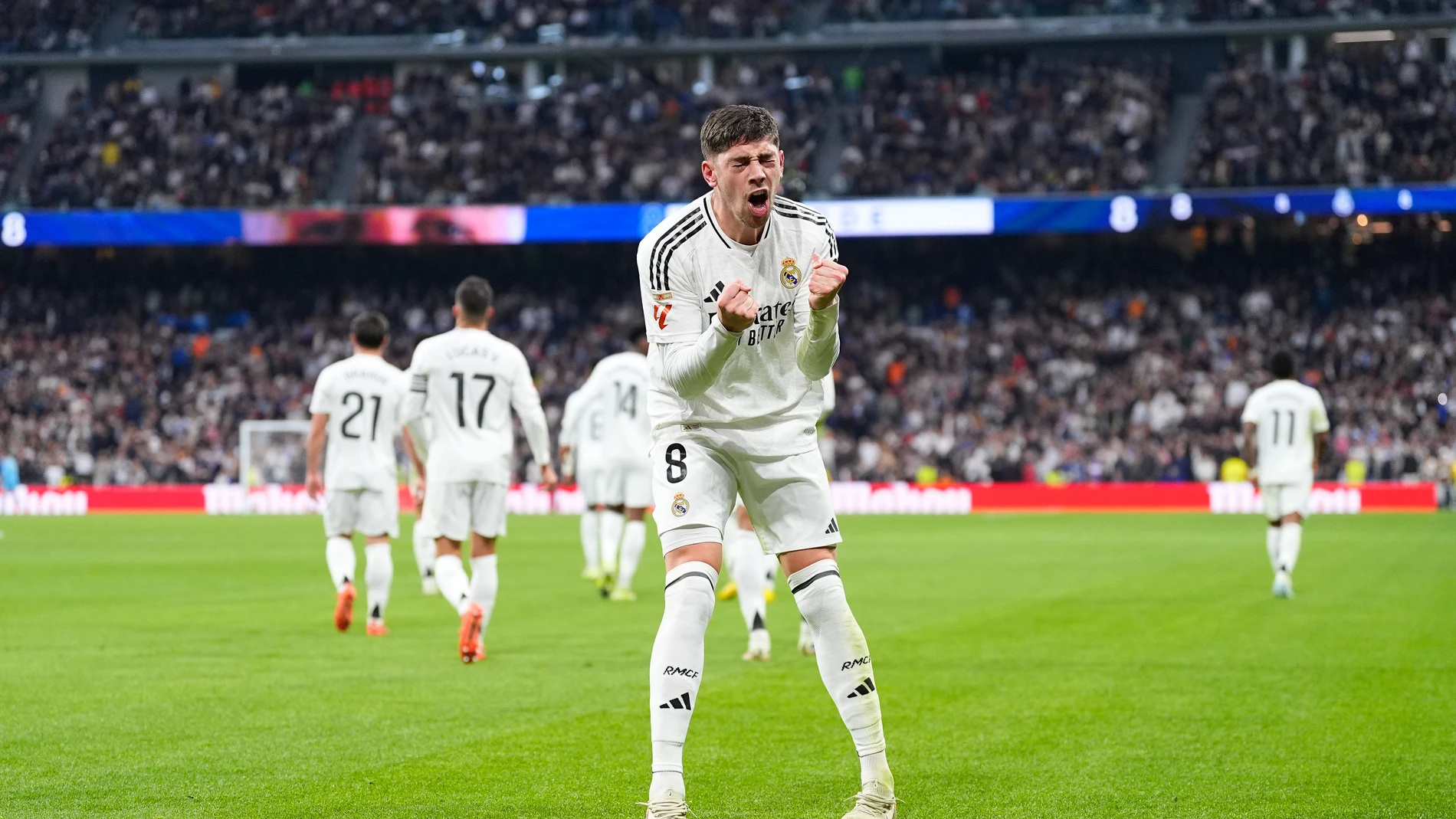 Federico Valverde of Real Madrid celebrates a goal during the Spanish League, LaLiga EA Sports, football match played between Real Madrid and Sevilla FC at Santiago Bernabeu stadium on December 22, 2024, in Madrid, Spain. AFP7 22/12/2024 ONLY FOR USE IN SPAIN