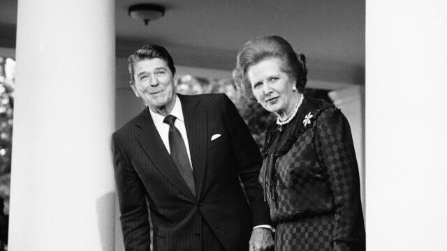 In this June 23, 1982 file photo, President Ronald Reagan and British Prime Minister Margaret Thatcher speak to reporters at the White House in Washington. 