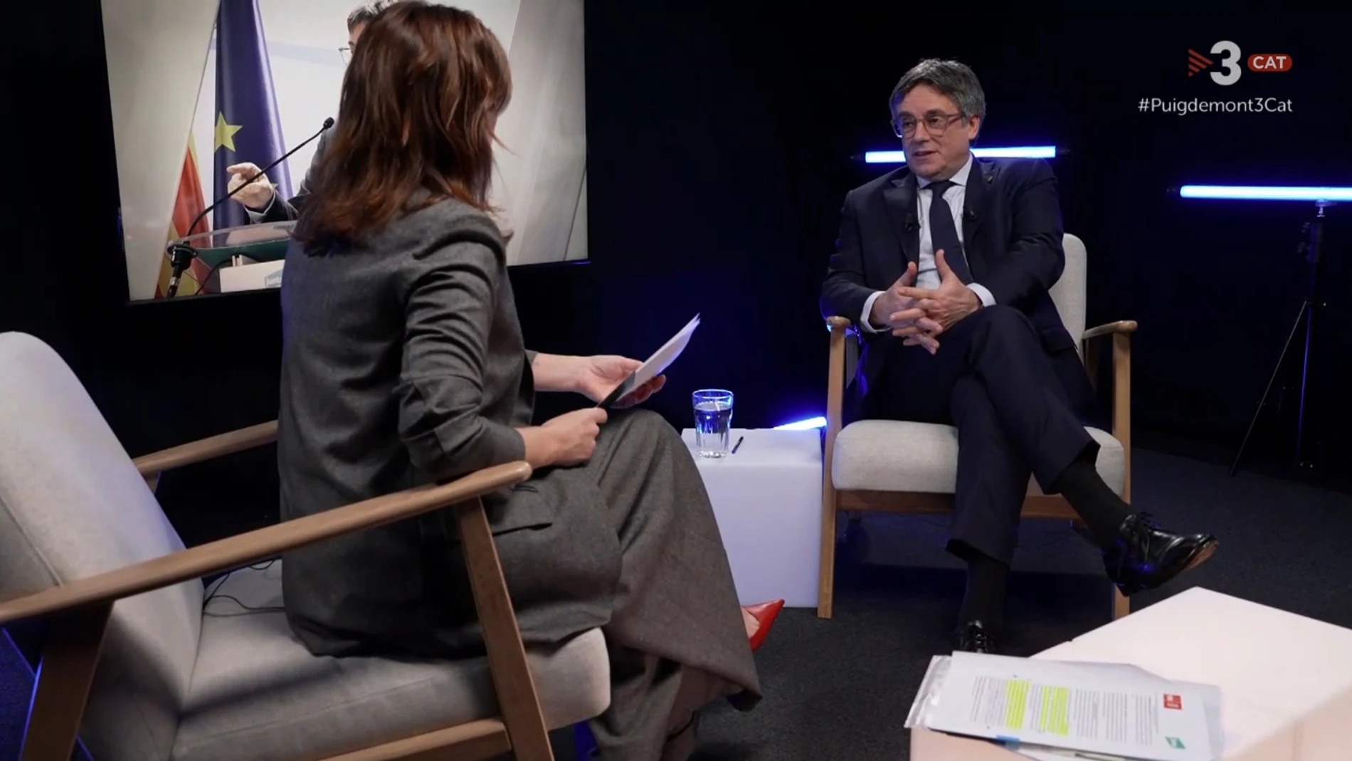El presidente de Junts y expresidente de la Generalitat, Carles Puigdemont durante la entrevista en TV3