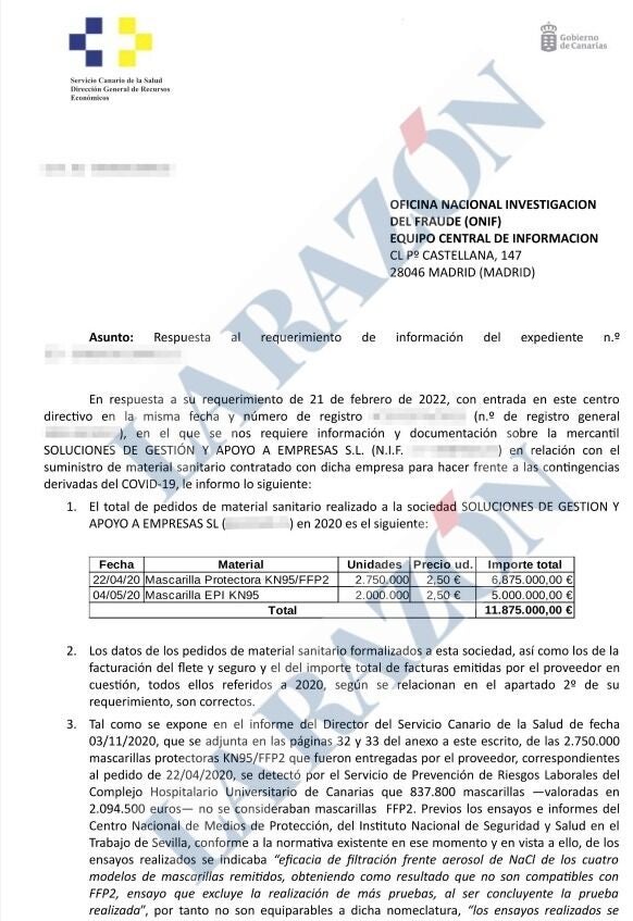 Torres reconoció a Hacienda en 2022 que la empresa del "caso Koldo" les vendió 837.800 mascarillas "fake"