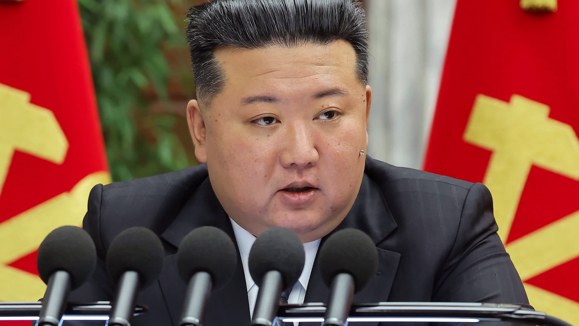 In this photo provided by the North Korean government, North Korean leader Kim Jong Un delivers a speech at a meeting held during Dec. 23 until Dec. 27, 2024, in Pyongyang, North Korea. Independent journalists were not given access to cover the event depicted in this image distributed by the North Korean government. The content of this image is as provided and cannot be independently verified. (Korean Central News Agency/Korea News Service via AP)