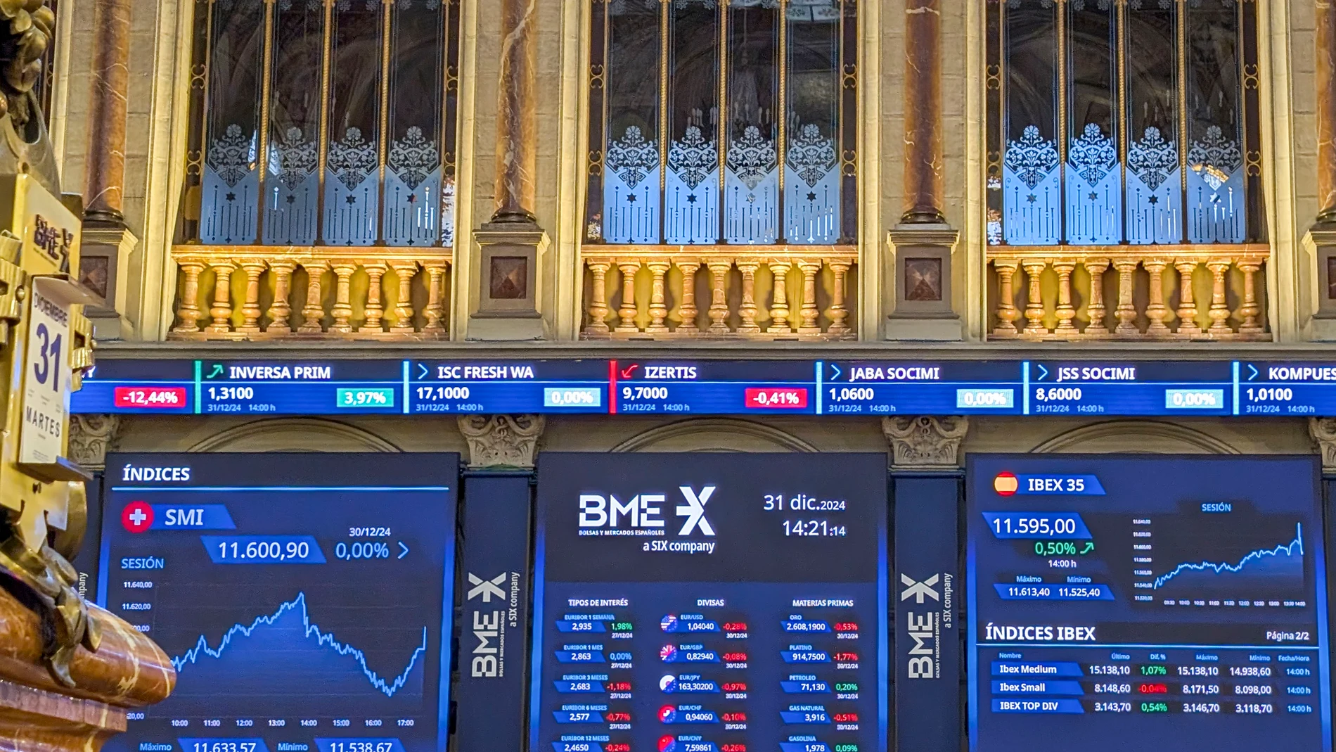 MADRID, 31/12/2024.- El IBEX 35, el principal índice de la Bolsa española, ha subido un 0,5 % en la última sesión del año, que ha sido más corta de lo habitual, y cierra 2024 con un alza acumulada del 14,78 %, con lo que suma dos ejercicios consecutivos en positivo. EFE/Vega Alonso