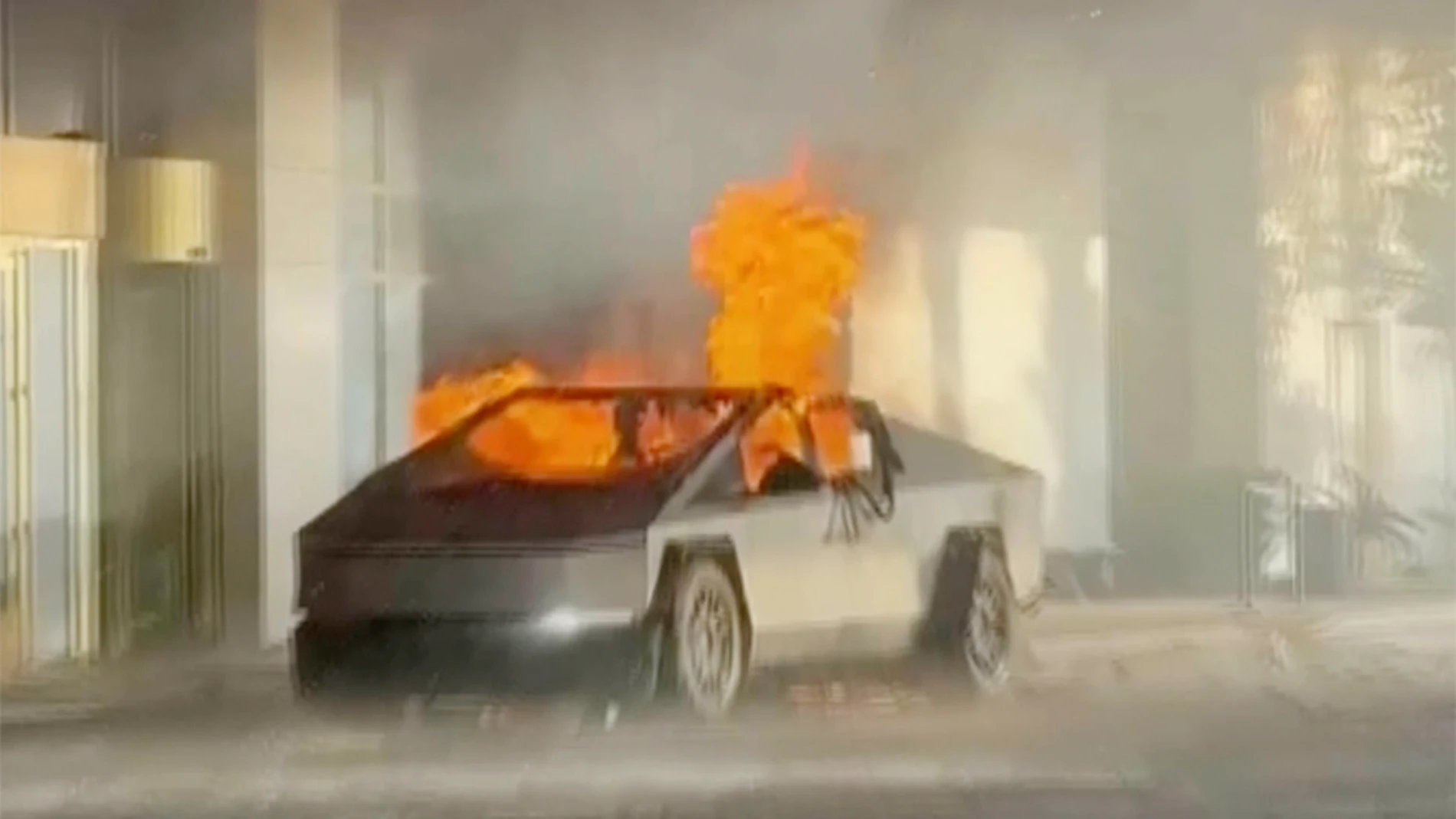 This image provided by Alcides Antunes shows a Tesla Cybertruck that exploded outside President-elect Donald Trump's Las Vegas hotel early Wednesday, Jan. 1, 2025. (Alcides Antunes via AP)