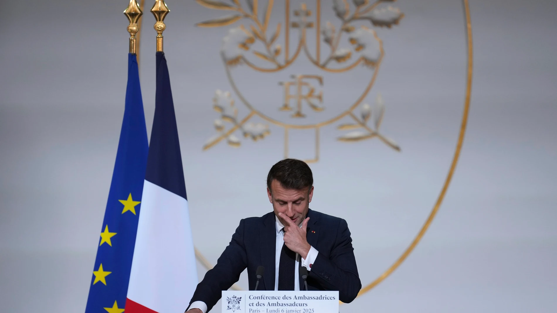French President Emmanuel Macron delivers his speech to French ambassadors posted around the world, Monday, Jan. 6, 2025 at the Elysee Palace in Paris. (AP Photo/Aurelien Morissard, Pool)