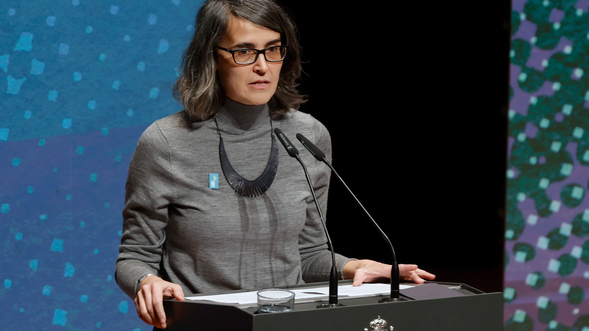 MADRID, 08/01/2025.- La recién nombrada comisionada para los actos del 50 aniversario de la muerte de Francisco Franco, Carmina Gutrán, interviene en el primer acto celebrado con motivo de la citada efemérides y el inicio del proceso hacia la democracia este miércoles en Madrid. EFE/ JuanJo Martín