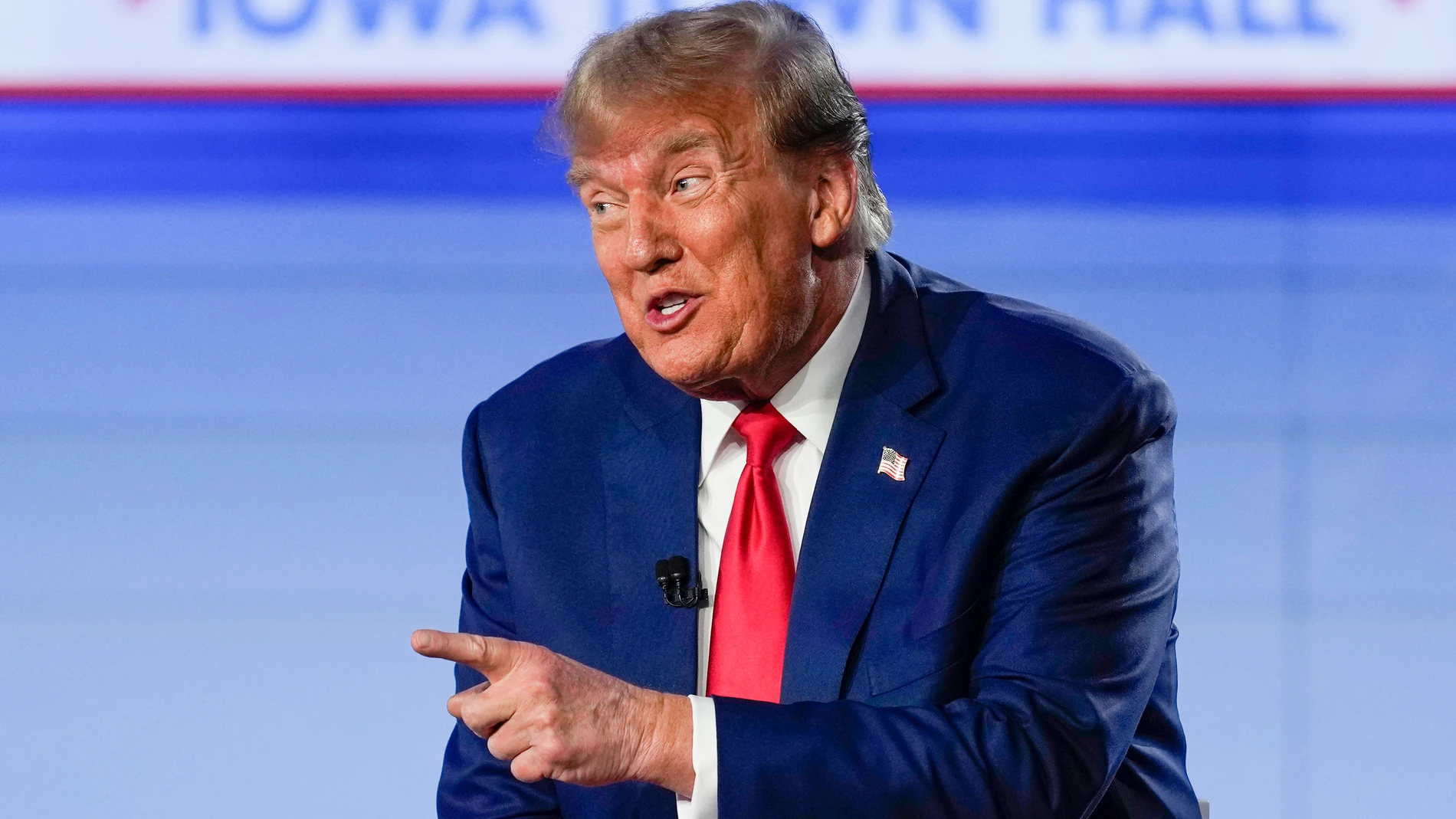 FILE - Republican presidential candidate former President Donald Trump speaks during a Fox News Channel town hall in Des Moines, Iowa, Jan. 10, 2024. (AP Photo/Carolyn Kaster, File)