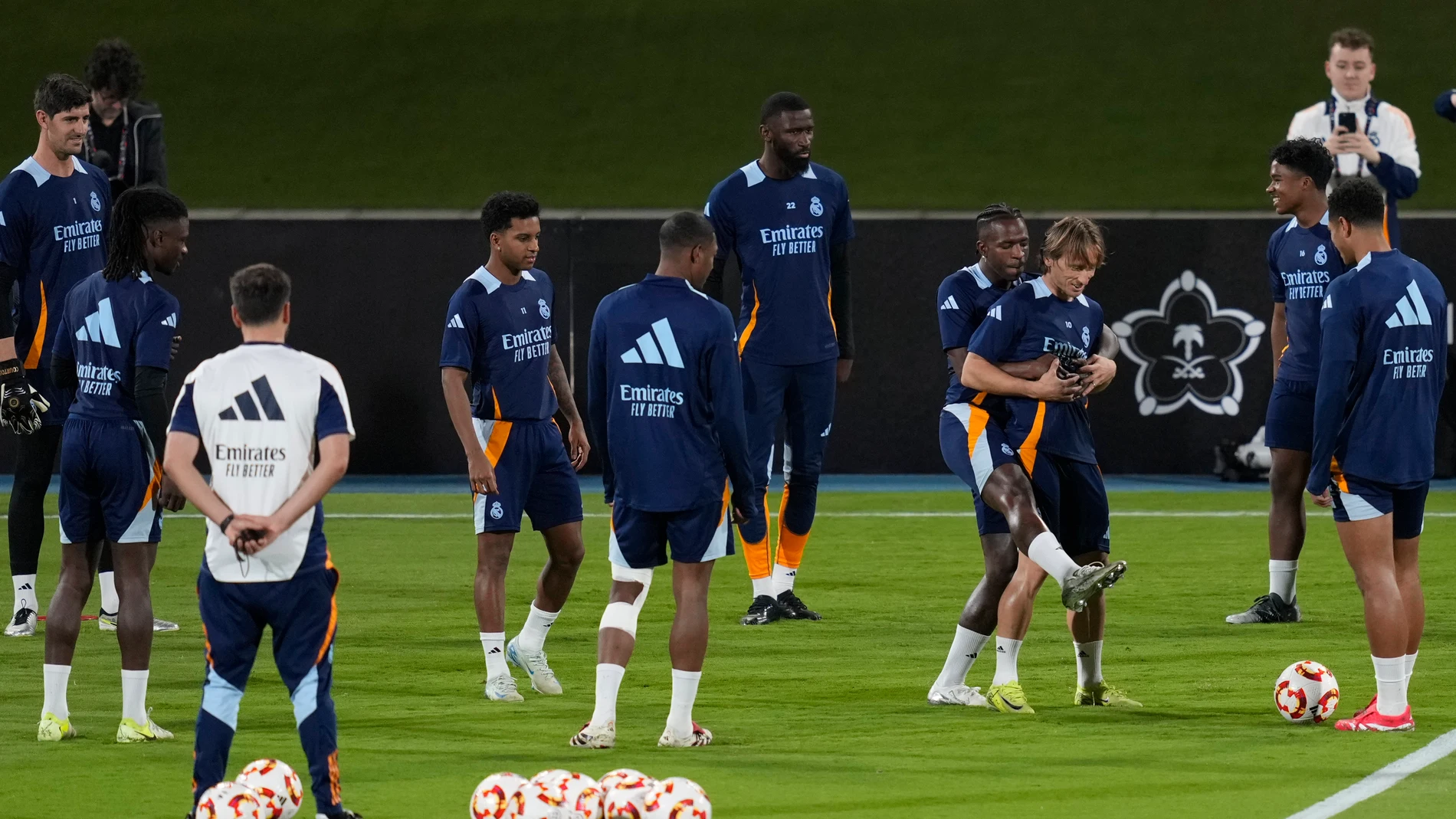 Real Madrid players practice on the eve of their Spain Super Cup semi final soccer match against MC Mallorca at King Abdullah Stadium in Jeddah, Saudi Arabia, Wednesday, Jan. 8, 2025. (AP Photo/Altaf Qadri)