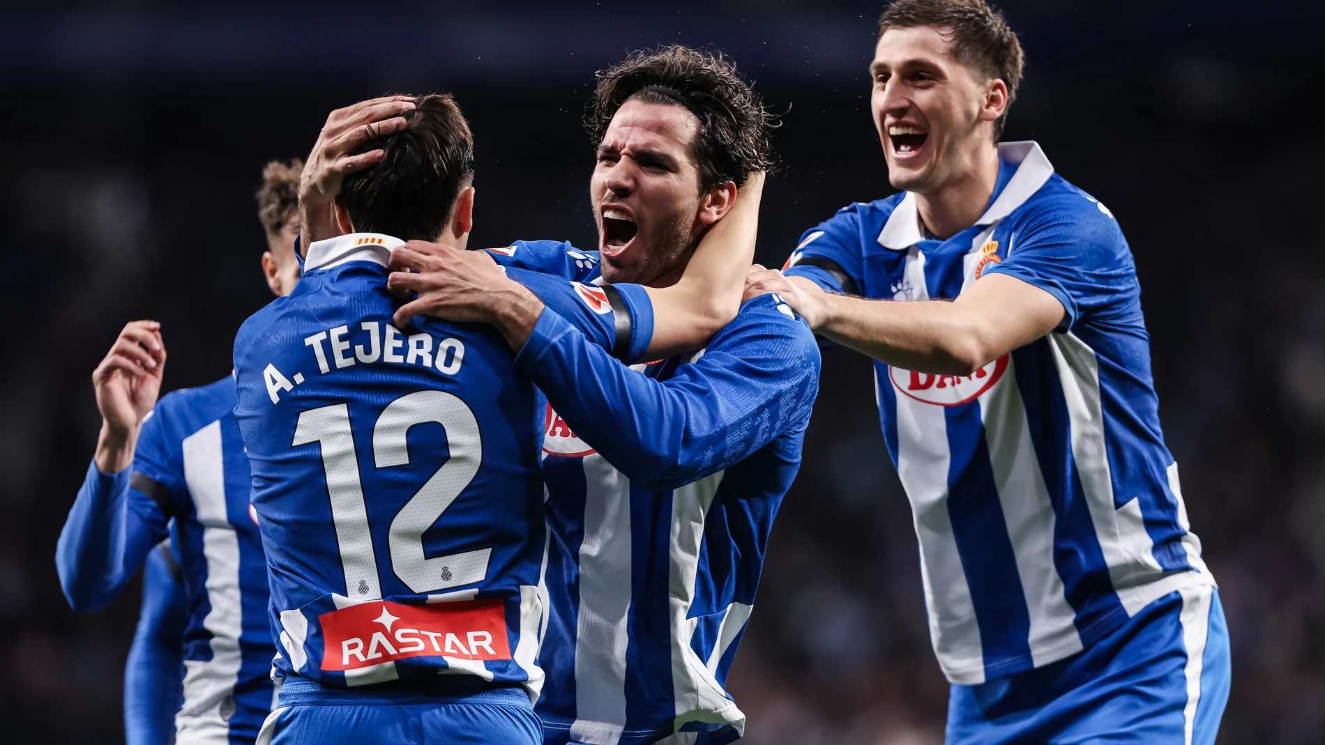 Leandro Cabrera of RCD Espanyol celebrates a goal with his teammates during the Spanish league, La Liga EA Sports, football match played between RCD Espanyol and CD Leganes at RCDE Stadium on January 11, 2025 in Barcelona, Spain. AFP7 11/01/2025 ONLY FOR USE IN SPAIN