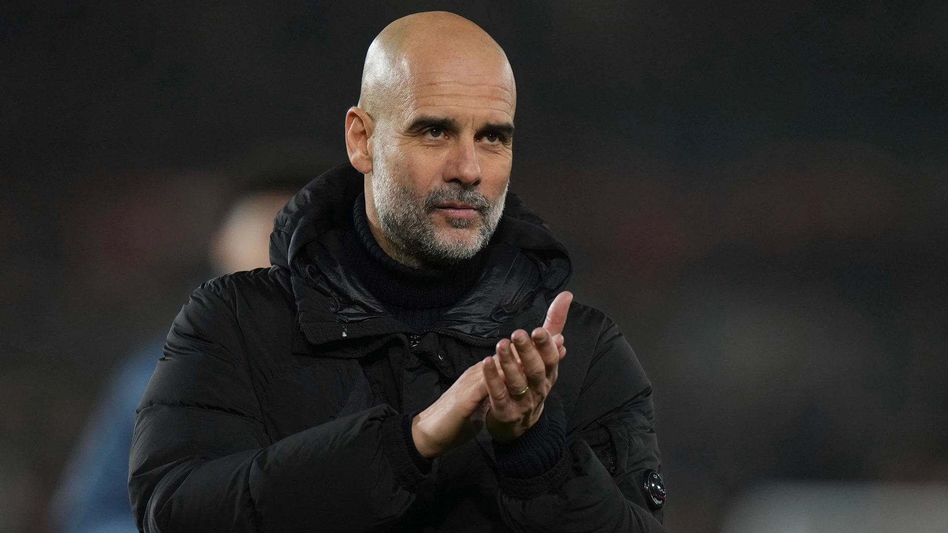 Manchester City's head coach Pep Guardiola reacts after the end of the English Premier League soccer match between Brentford and Manchester City at the Gtech Community stadium, in London, England, Tuesday, Jan. 14, 2025. (AP Photo/Alastair Grant)