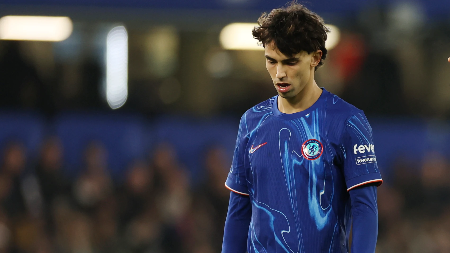 Chelsea's Joao Felix reacts during the English Premier League soccer match between Chelsea and AFC Bournemouth at Stamford Bridge stadium, in London, Tuesday, Jan. 14, 2025. (AP Photo/Ian Walton)