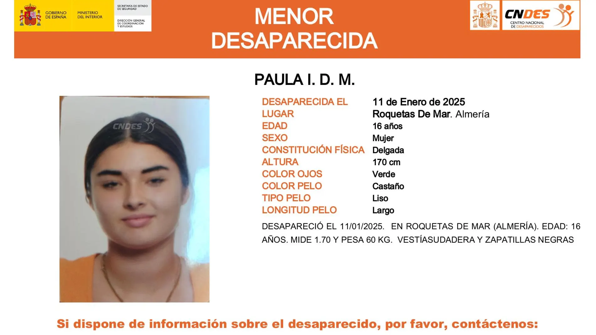 Piden ayuda ciudadana para localizar a Paula, menor desaparecida en Roquetas hace seis días