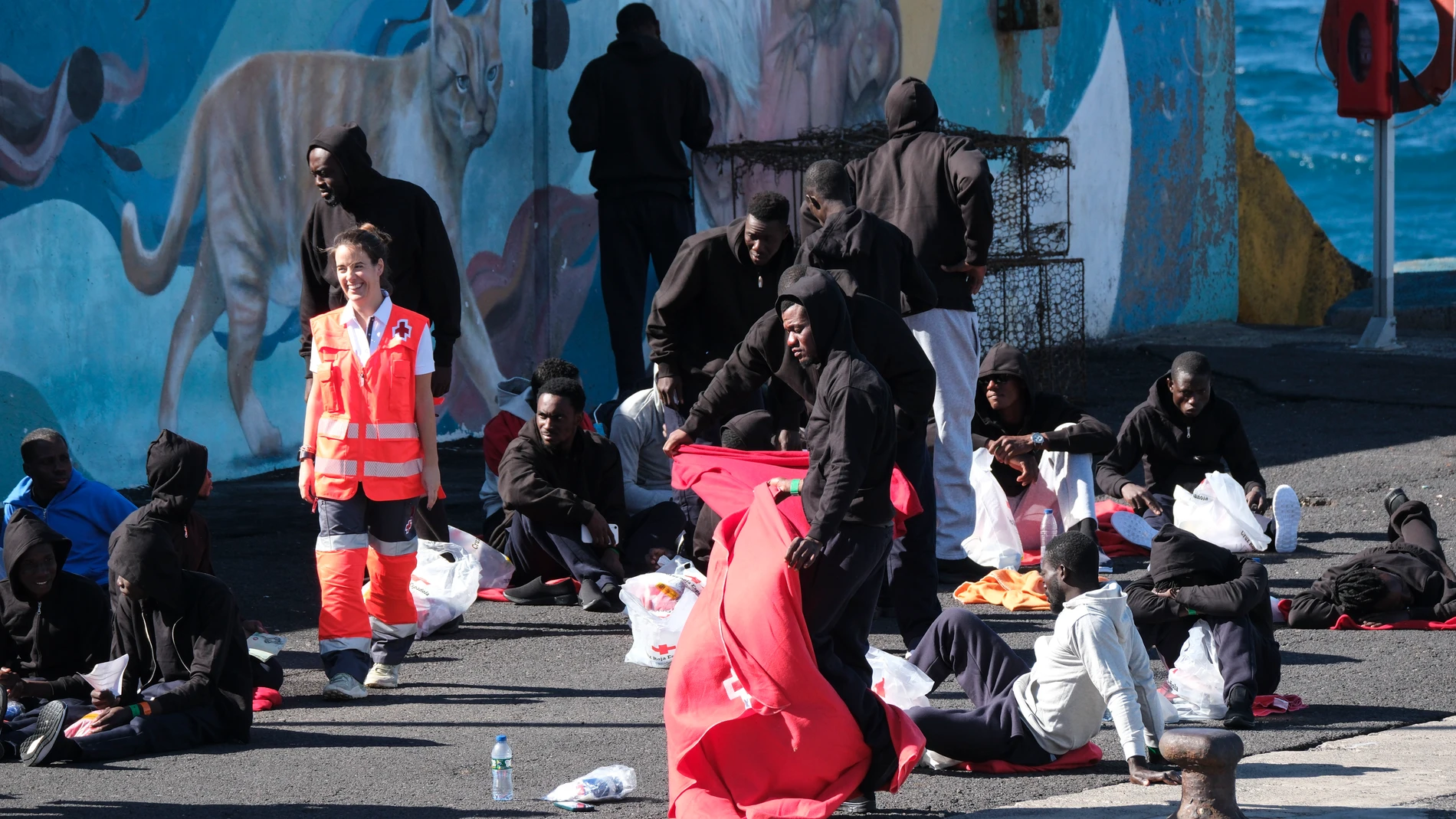 GRAFCAN1246. LOS ABRIGOS (TENERIFE), 22/01/2025.- Un cayuco con 48 hombres de origen subsahariano a bordo ha llegado este miércoles al muelle de Los Abrigos, en el sur de Tenerife. EFE/Alberto Valdés