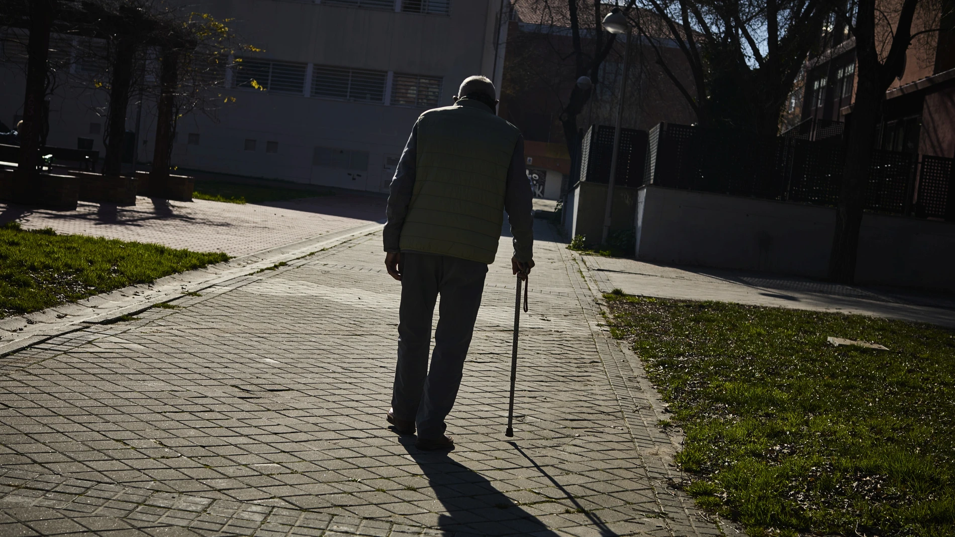 Mayores de la tercera edad pasean y toman el sol en un parque de Madrid.