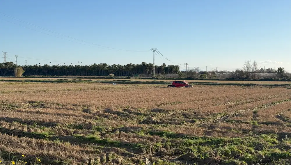 todavía queda un coche en medio de los campos de arroz
