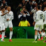 Rodrygo, Mbappé, Ceballos y Bellingham celebran un gol al Salzburgo