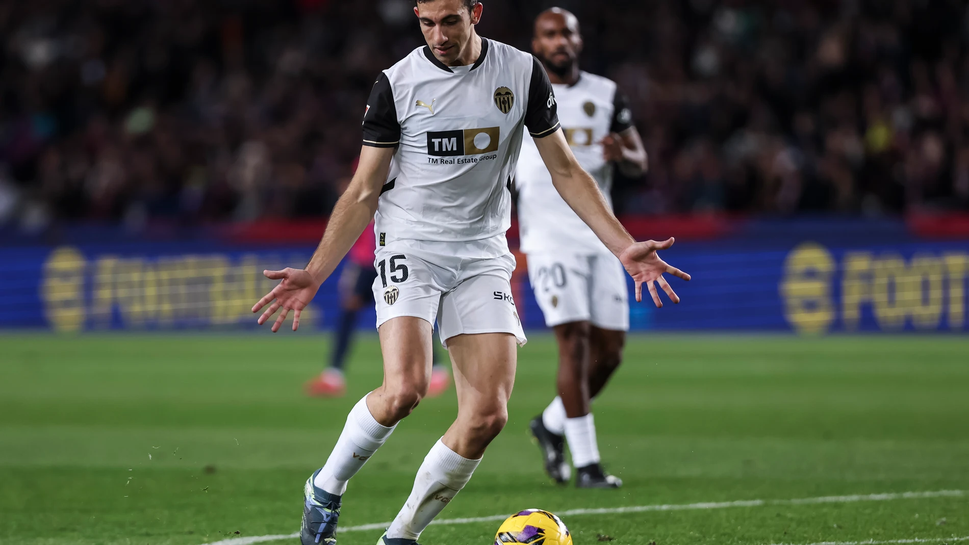 Cesar Tarrega of Valencia CF in action during the Spanish league, La Liga EA Sports, football match played between FC Barcelona and Valencia CF at Estadio Olimpico de Montjuic on January 26, 2025 in Barcelona, Spain.AFP7 26/01/2025 ONLY FOR USE IN SPAIN