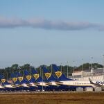  Ryanair planes are parked during a strike at the Brussels South Charleroi Airport in Gosselies, Belgium
