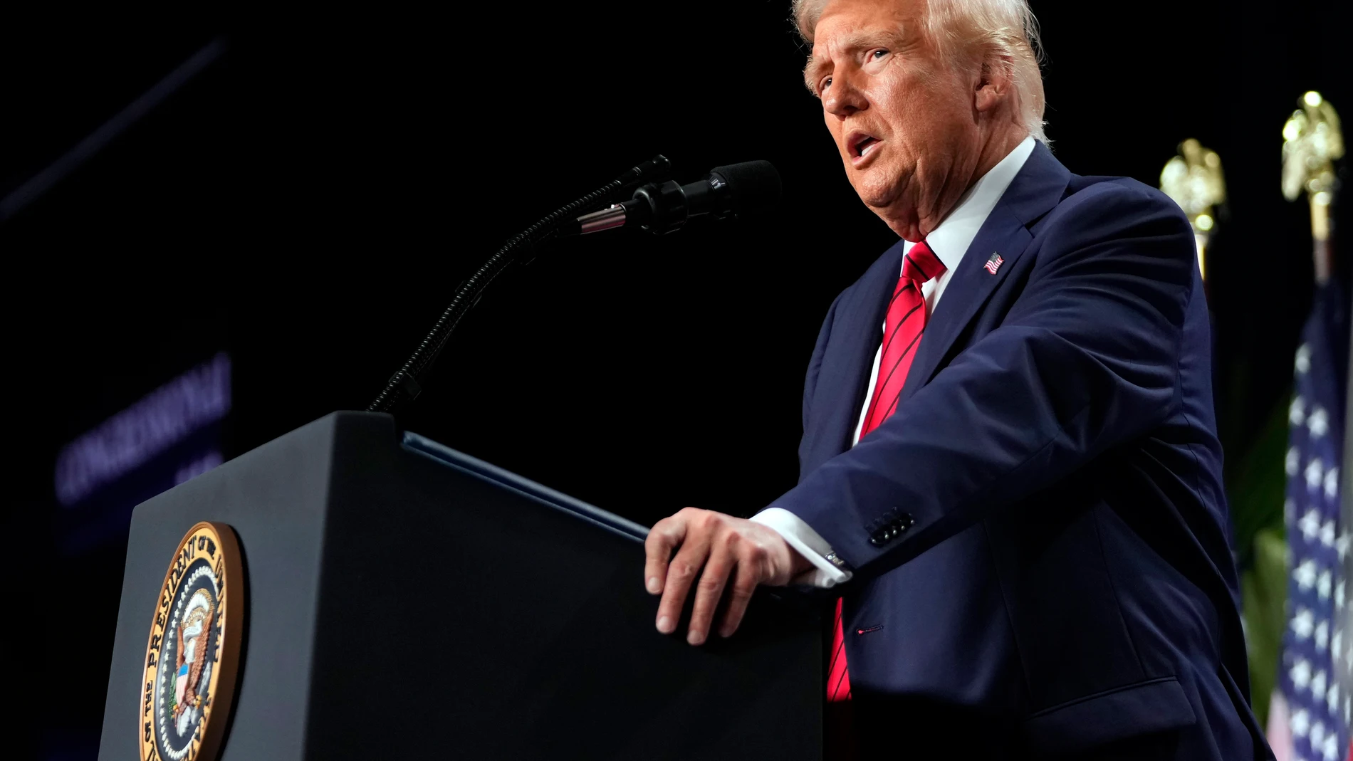 FILE - President Donald Trump speaks at the 2025 House Republican Members Conference Dinner at Trump National Doral Miami in Doral, Fla., Jan. 27, 2025. (AP Photo/Mark Schiefelbein, File)