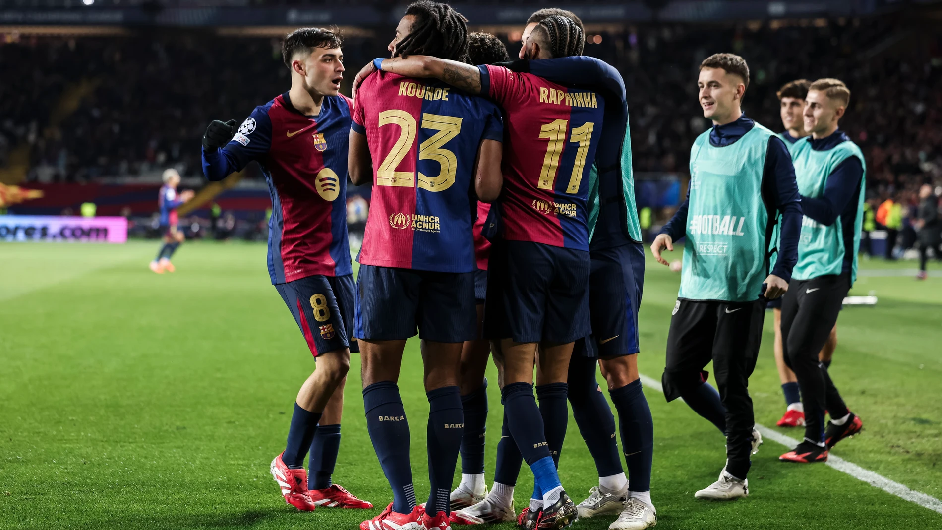 Lamine Yamal of FC Barcelona celebrates a goal with his teammates during the UEFA Champions League 2024/25 League Phase MD8, match between FC Barcelona and Atalanta BC at Estadi Olimpic Lluis Companys on January 29, 2025 in Barcelona, Spain. AFP7 29/01/2025 ONLY FOR USE IN SPAIN