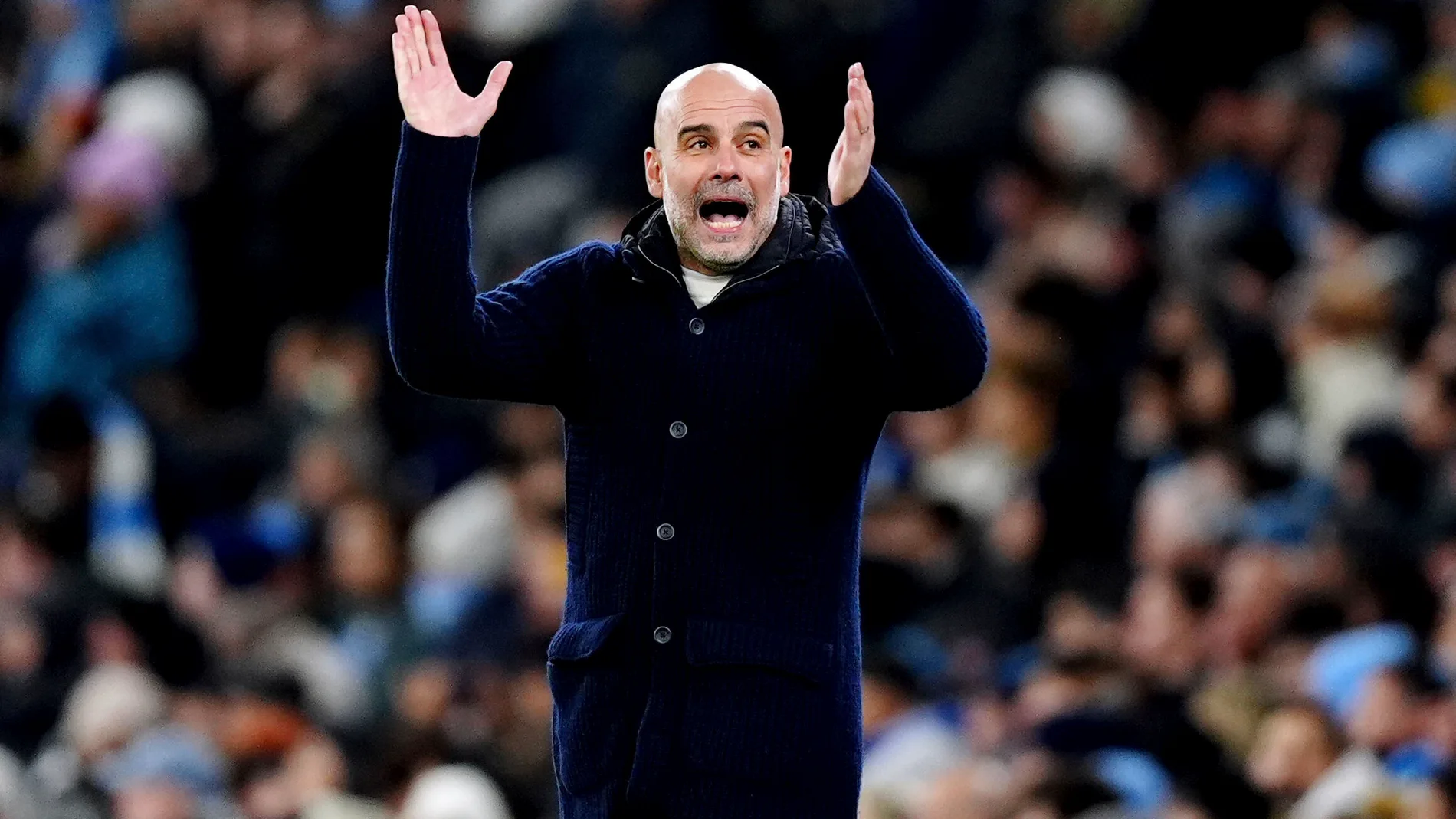 Manchester City manager Pep Guardiola reacts during the Champions League opening phase soccer match between Manchester City and Club Brugge at the Etihad Stadium in Manchester, Wednesday, Jan. 29, 2025. (Mike Egerton/PA via AP)