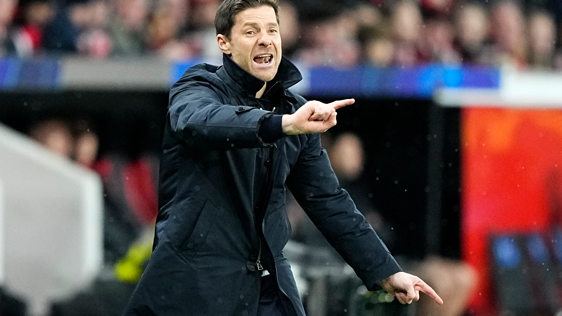 Leverkusen's head coach Xabi Alonso gestures during the Champions League opening phase soccer match between Bayer Leverkusen and Sparta Prague at the BayArena in Leverkusen, Germany, Wednesday, Jan. 29, 2025. (AP Photo/Martin Meissner)