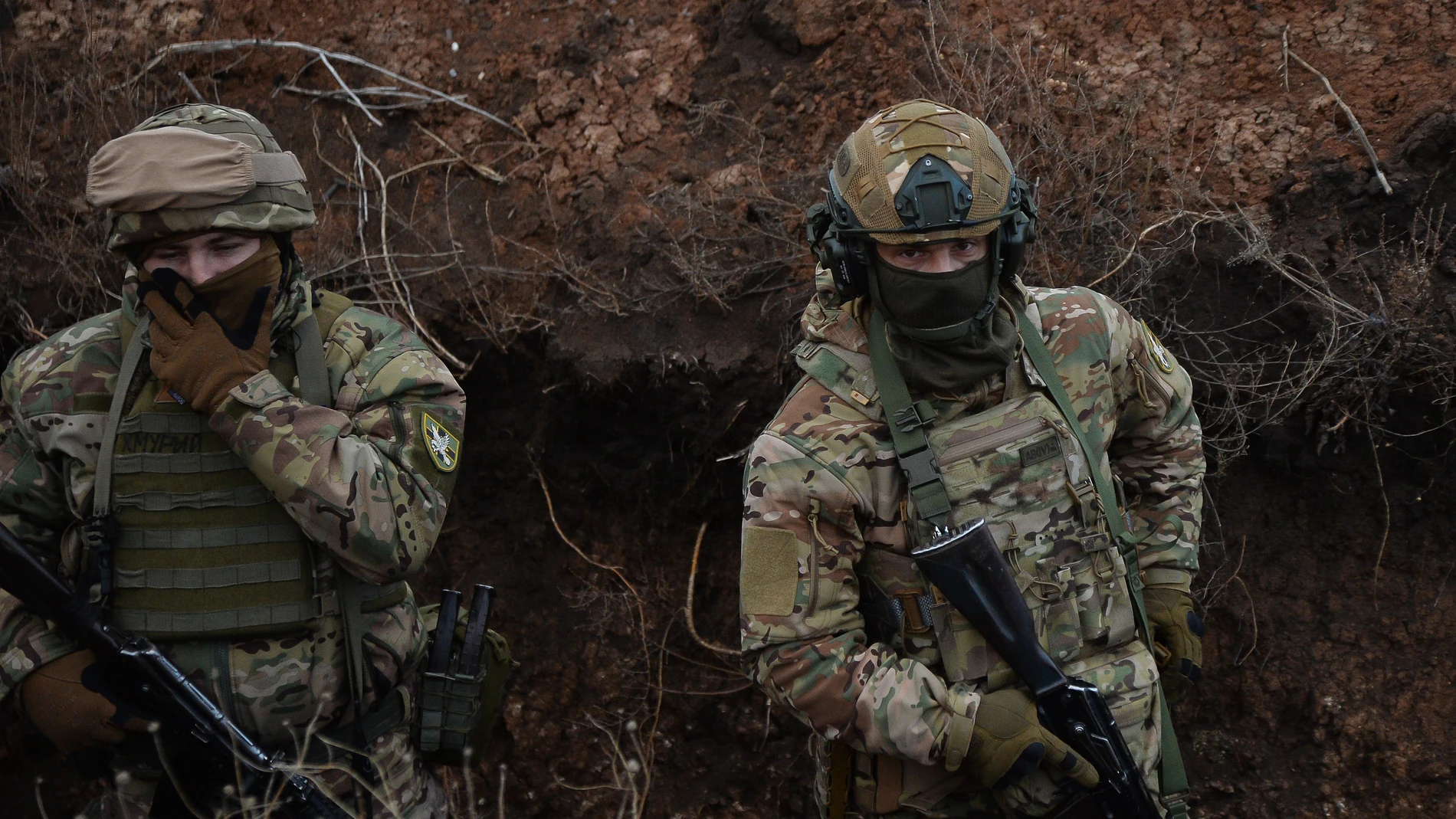 January 28, 2025, Kyiv, Donetsk, Ukraine: Infantry soldiers stand waiting for orders during training. The Ukrainian 28th brigade trains and is stationed in the Donetsk region. Europa Press/Contacto/Madeleine Kelly 28/01/2025 ONLY FOR USE IN SPAIN