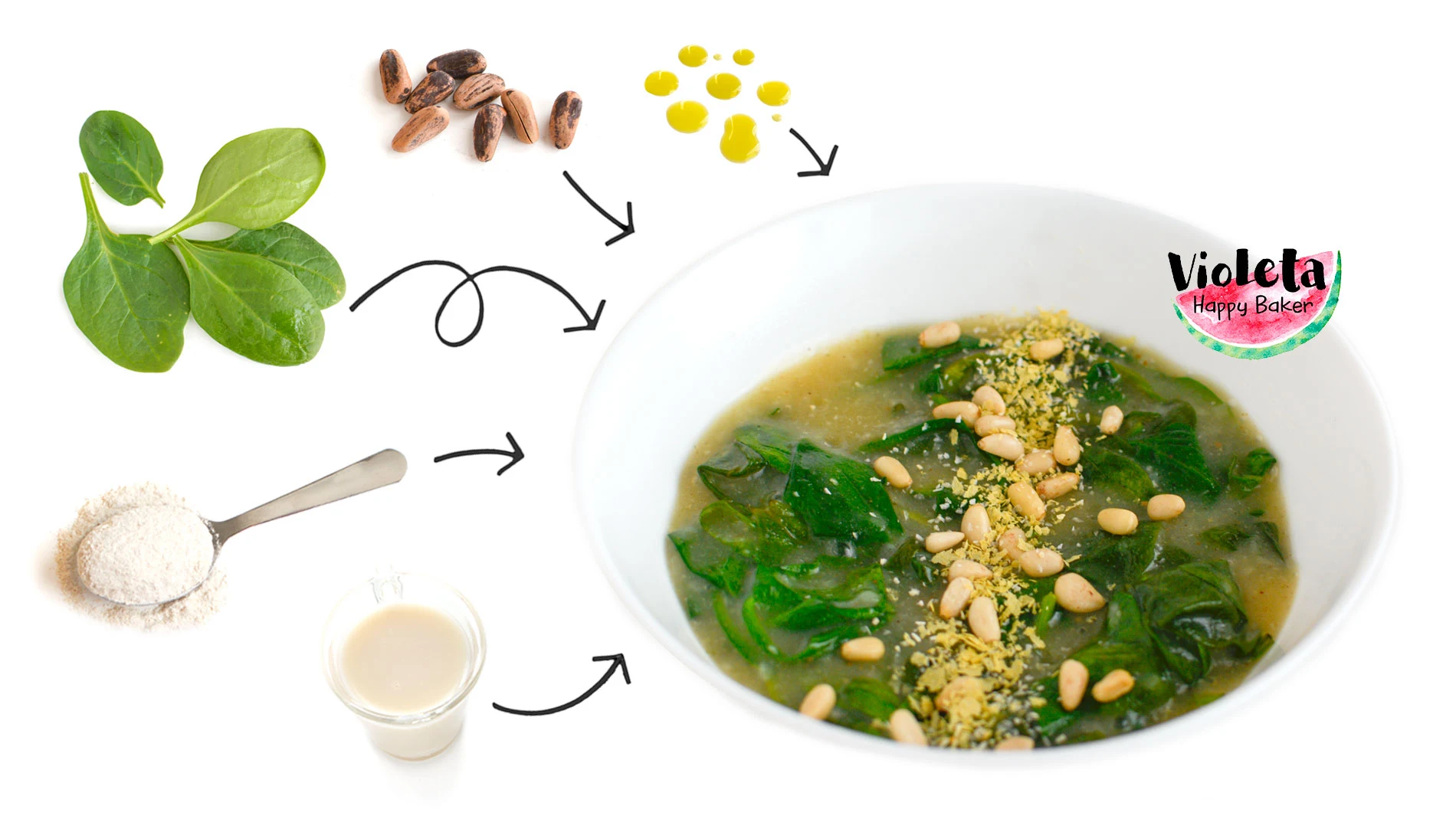 Ingredientes y plato con espinacas a la crema