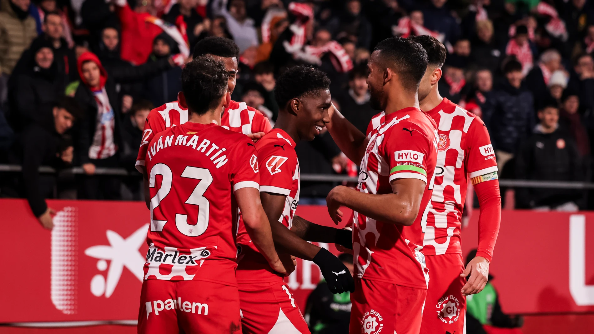 Yaser Asprilla of Girona FC celebrates a goal with his teammates during the Spanish league, La Liga EA Sports, football match played between Girona FC and UD Las Palmas at Estadio de Montilivi on February 03, 2025 in Girona, Spain. AFP7 03/02/2025 ONLY FOR USE IN SPAIN