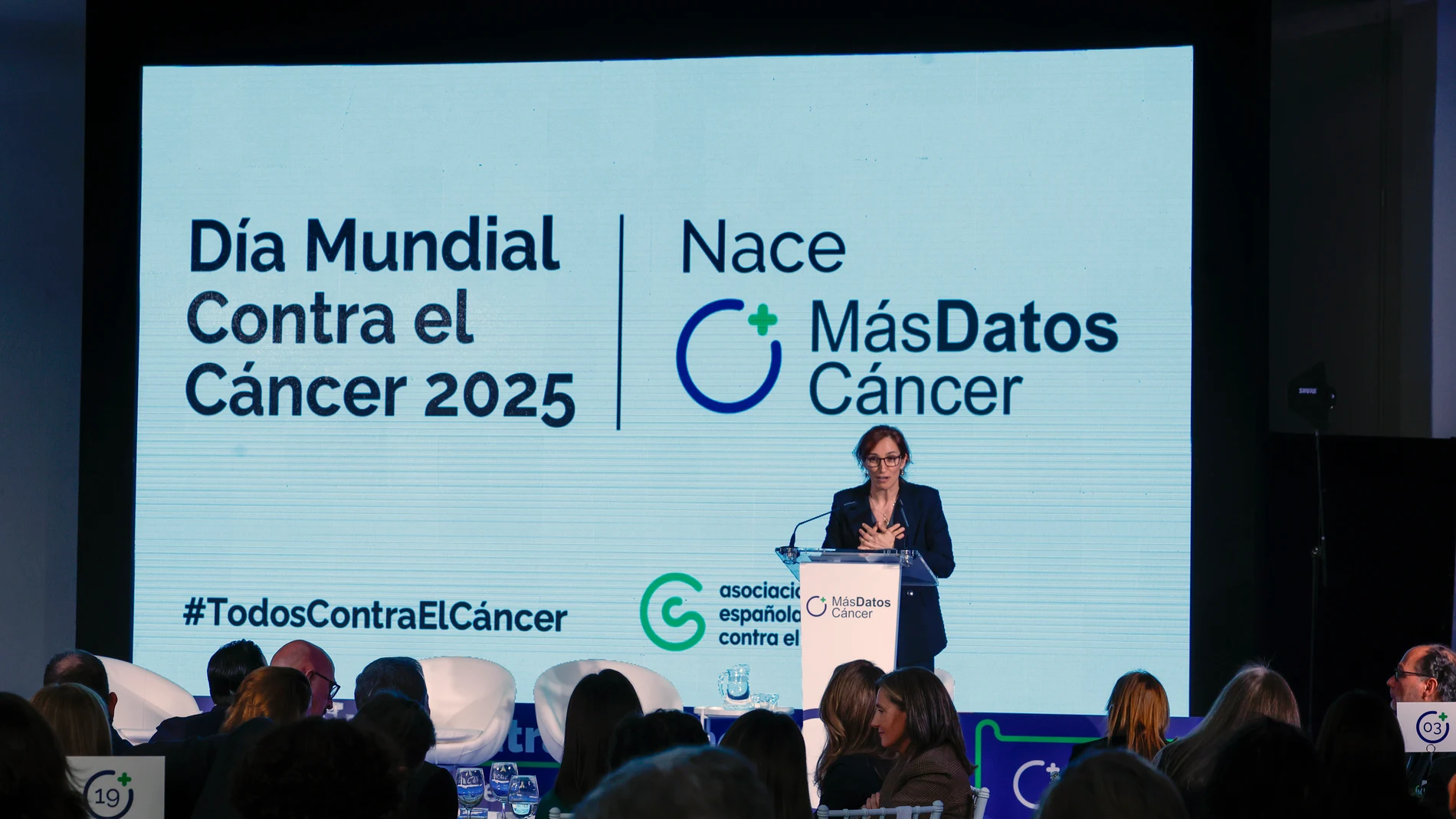 MADRID, 04/02/2025.-La ministra de Sanidad, Mónica García, durante su intervención en el acto institucional del Día Mundial contra el Cáncer, al que asiste la reina Letizia y reputados especialistas, este martes en Madrid.-EFE/ Javier Lizón