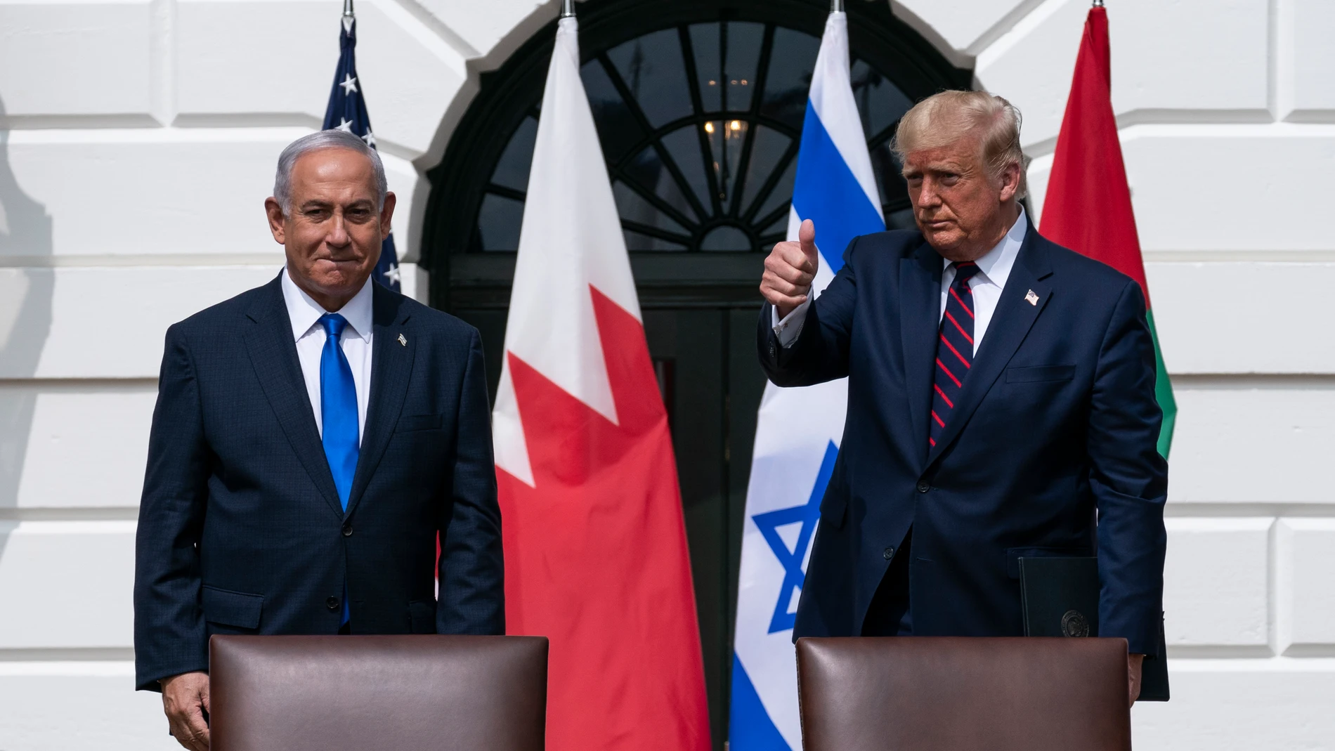 FILE- Israeli Prime Minister Benjamin Netanyahu, left, and President Donald Trump stand as they prepare to depart after the Abraham Accords signing ceremony on the South Lawn of the White House, Sept. 15, 2020, in Washington. (AP Photo/Alex Brandon, File)