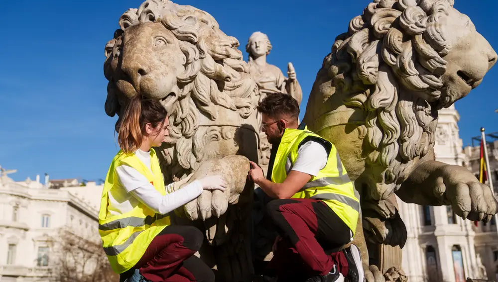 Los técnicos de Artyco analizan la piedra de los leones