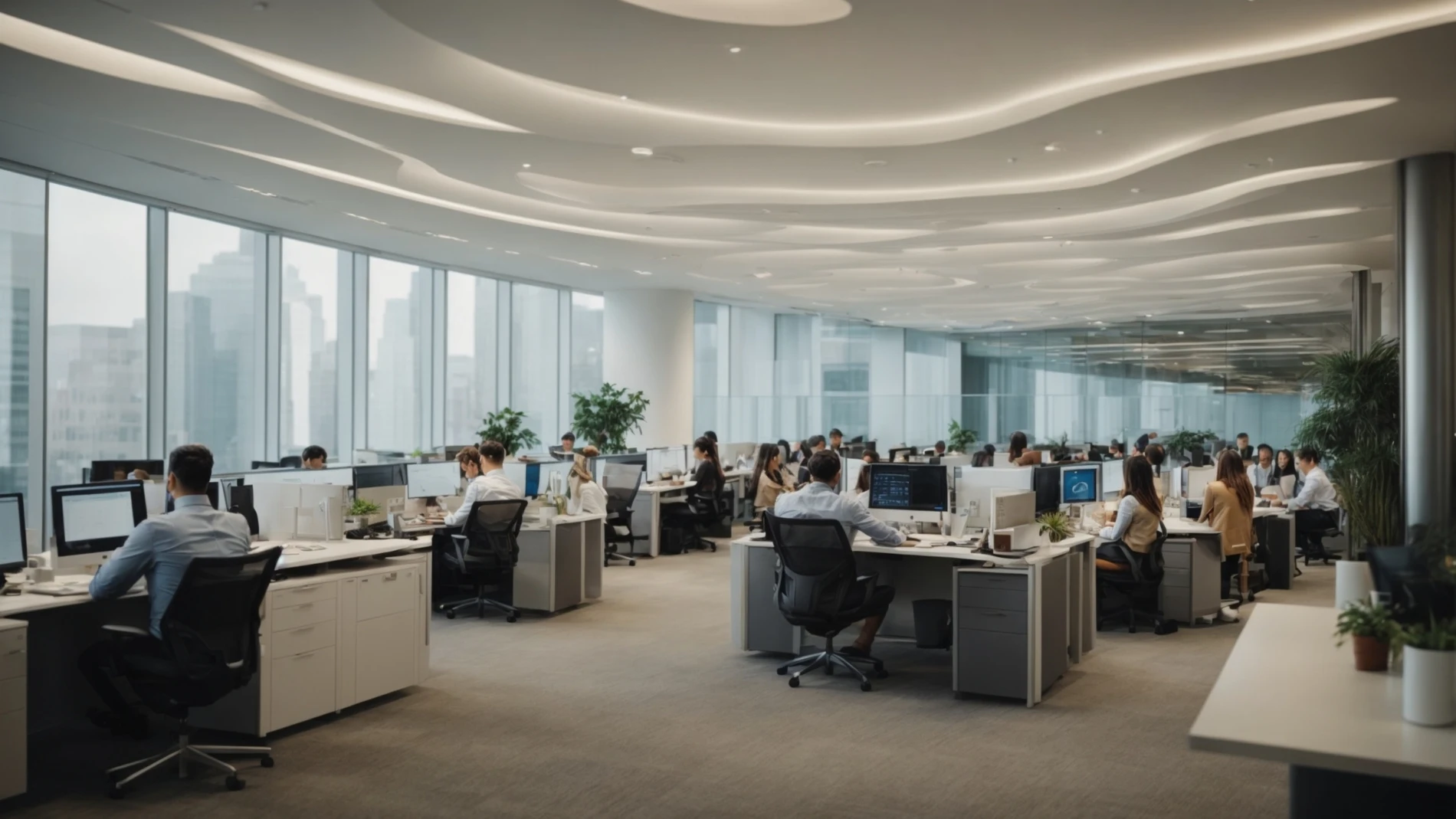 Oficina con trabajadores ante sus ordenadores
