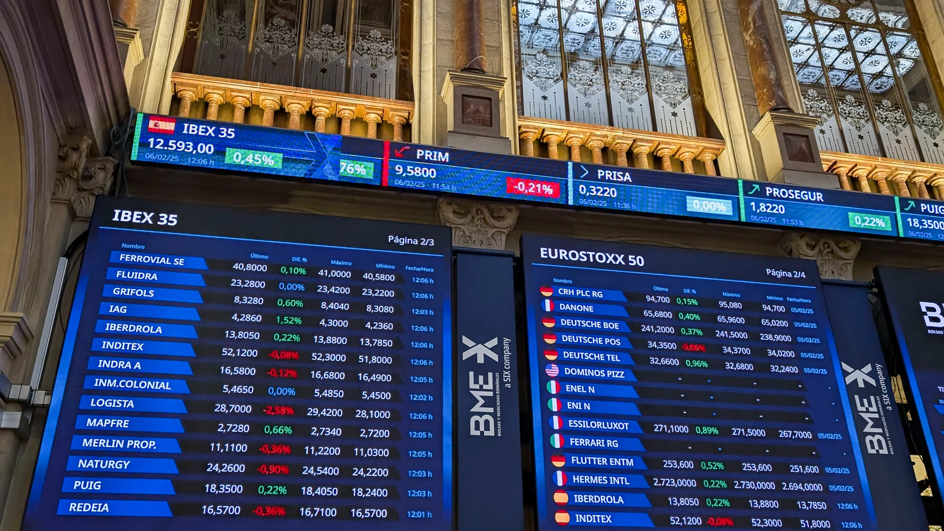 MADRID, 06/02/2025.- El selectivo de la Bolsa española, IBEX 35, mantienen las ganancias de la apertura, sube un 0,51 %, y se centra en el nivel alcanzado de los 12.600 puntos, influido en buena parte por el acelerón alcista de ArcelorMittal, que sube más del 6 % tras presentar este jueves sus resultados del primer trimestre fiscal de 2025. EFE/ Vega Alonso
