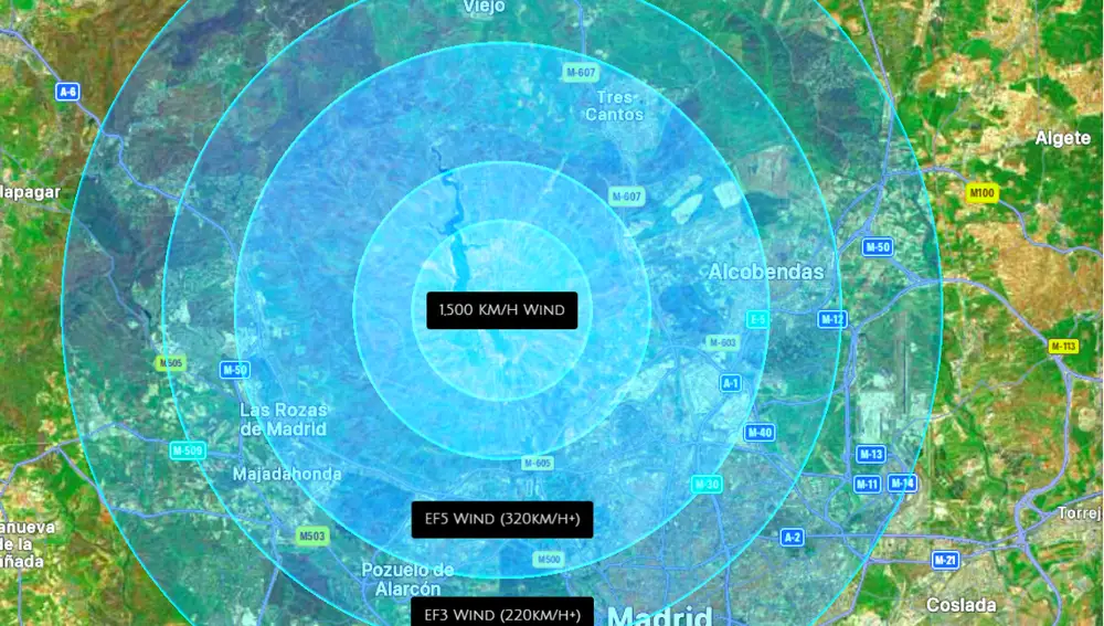 Esta sería toda la zona afectada por un impacto en Madrid