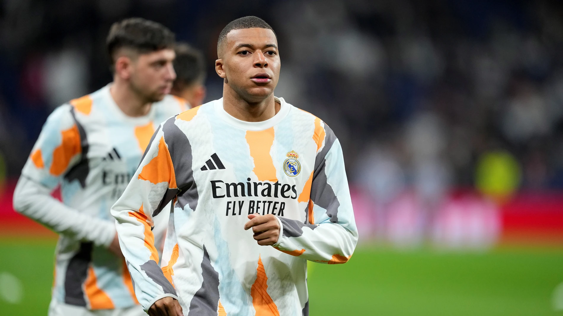 Kylian Mbappe of Real Madrid warms up during the Spanish League, LaLiga EA Sports, football match played between Real Madrid and Atletico de Madrid at Santiago Bernabeu stadium on February 8, 2025, in Madrid, Spain. AFP7 08/02/2025 ONLY FOR USE IN SPAIN