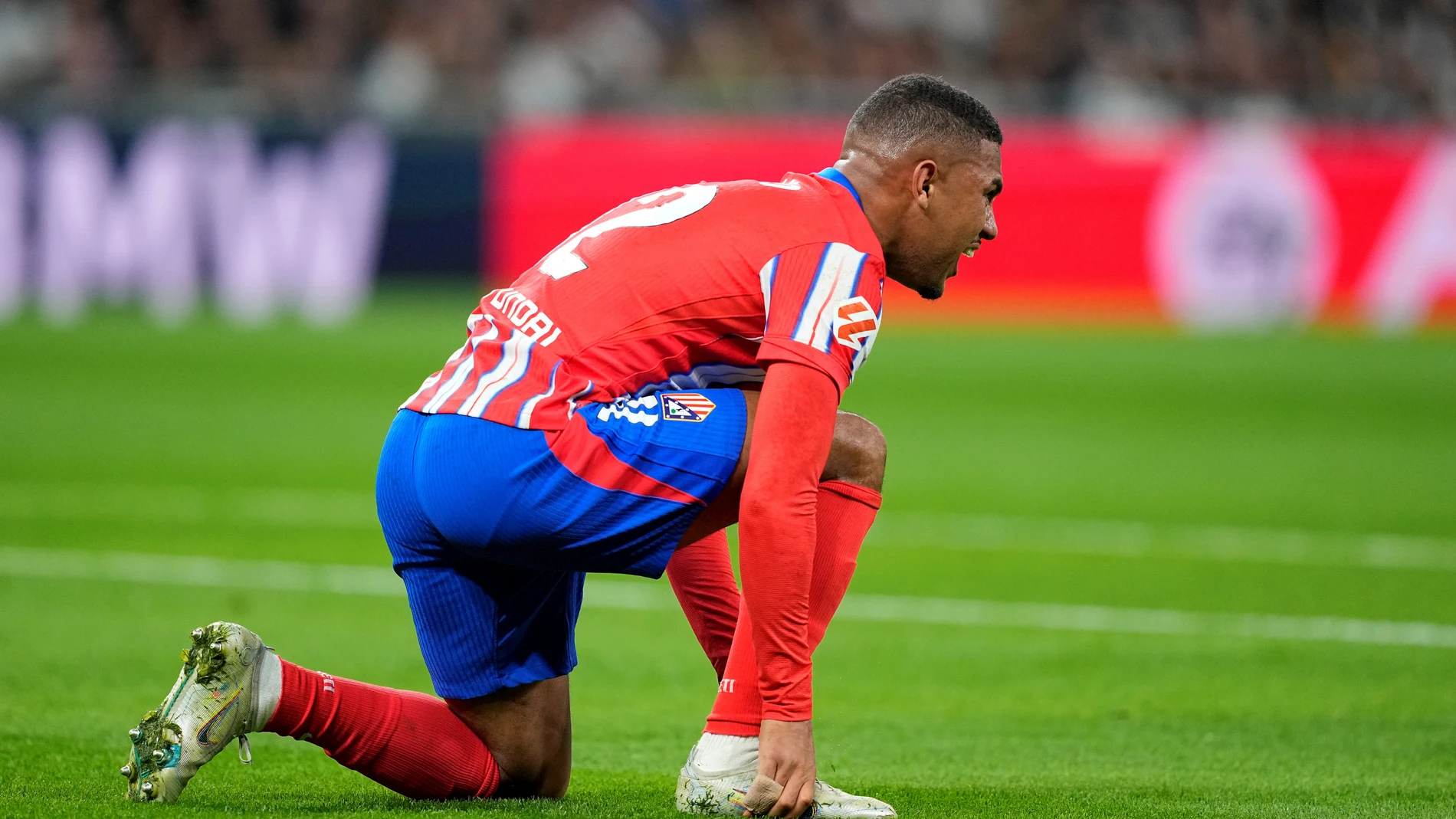 Samuel Lino of Atletico de Madrid hurts during the Spanish League, LaLiga EA Sports, football match played between Real Madrid and Atletico de Madrid at Santiago Bernabeu stadium on February 8, 2025, in Madrid, Spain. AFP7 08/02/2025 ONLY FOR USE IN SPAIN