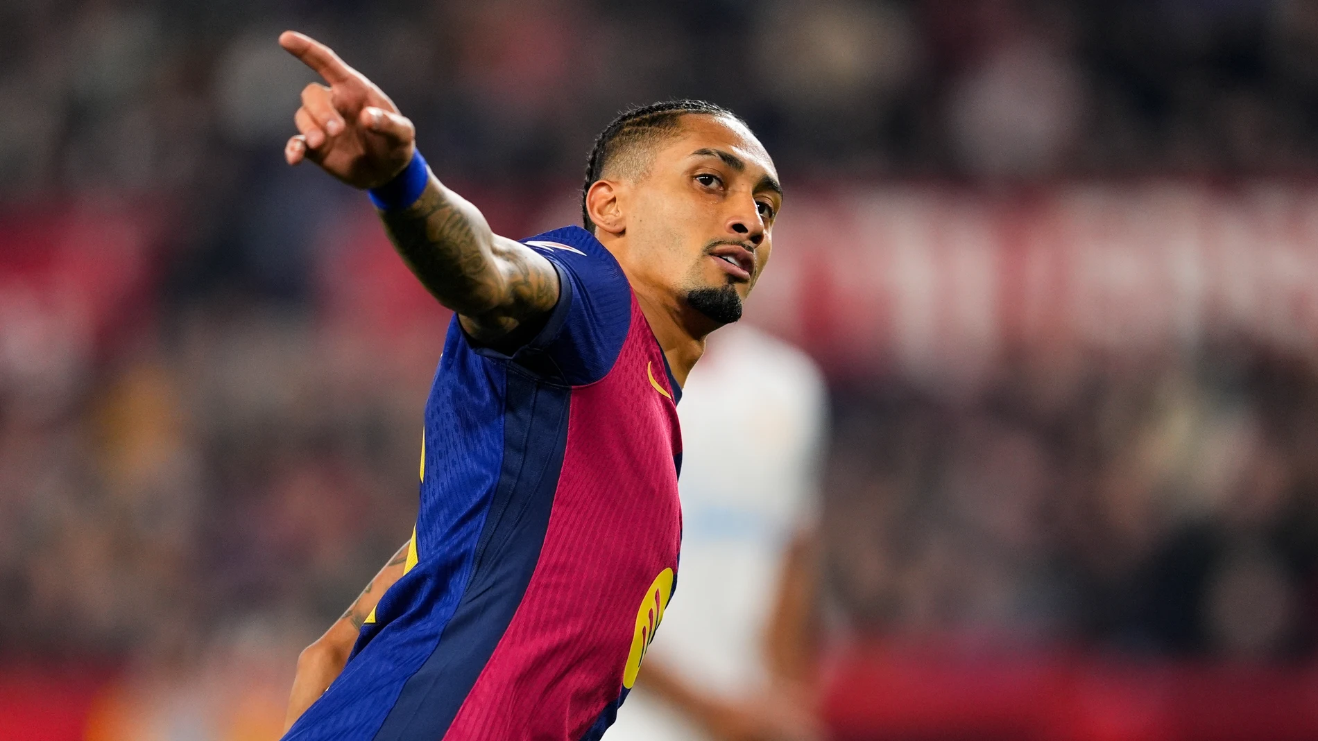Raphael Dias "Raphinha" of FC Barcelona celebrates a goal during the Spanish league, LaLiga EA Sports, football match played between Sevilla FC and FC Barcelona at Ramon Sanchez-Pizjuan stadium on February 9, 2025, in Sevilla, Spain. AFP7 09/02/2025 ONLY FOR USE IN SPAIN