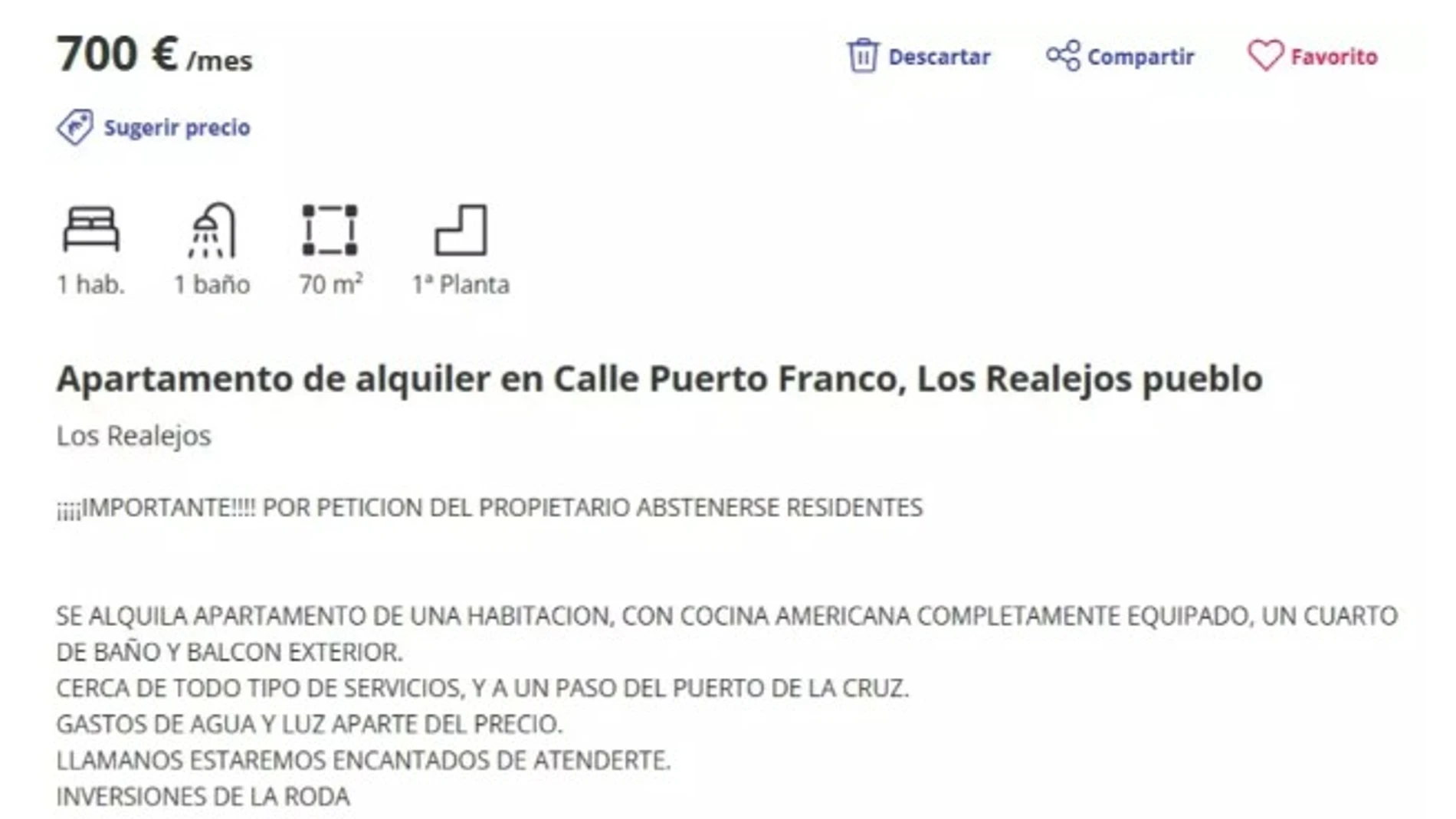 Un polémico anuncio de alquiler en Canarias desata la polémica: no permitido para residentes