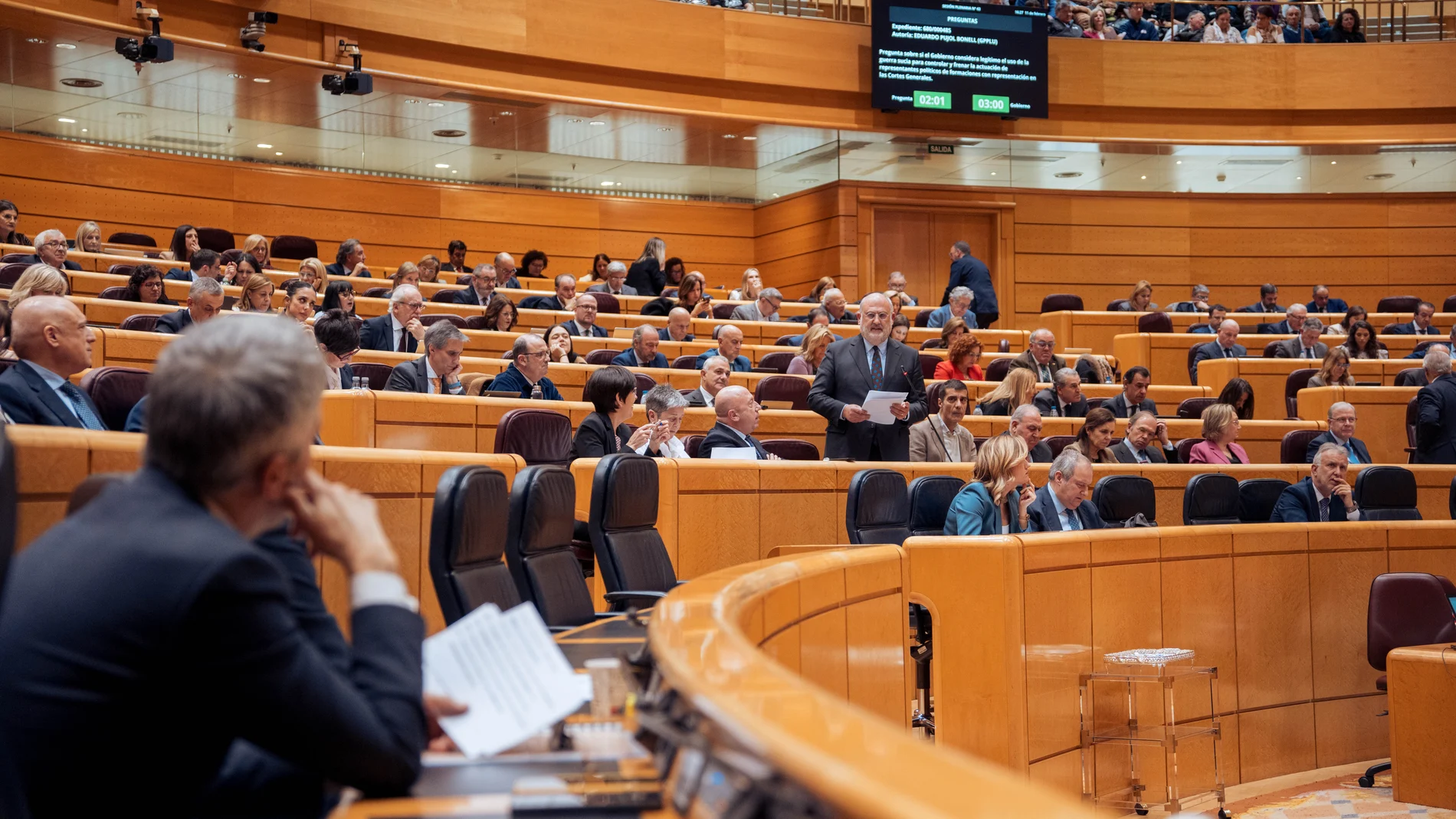 El senador de Junts, Eduard Pujol, interviene durante una sesión de control al Gobierno en el Senado, a 11 de febrero de 2025, en Madrid (España). El Gobierno se enfrenta a la primera sesión de control en el senado del 2025 y responderán a preguntas de la oposición sobre la gestión de los cauces de los barrancos del Poyo y la Saleta y la imputación del Fiscal General del Estado. 11 FEBRERO 2025;SENADO;SESIÓN DE CONTROL;SENADORES;GOBIERNO;MINISTROS; Gabriel Luengas / Europa Press 11/02/2025