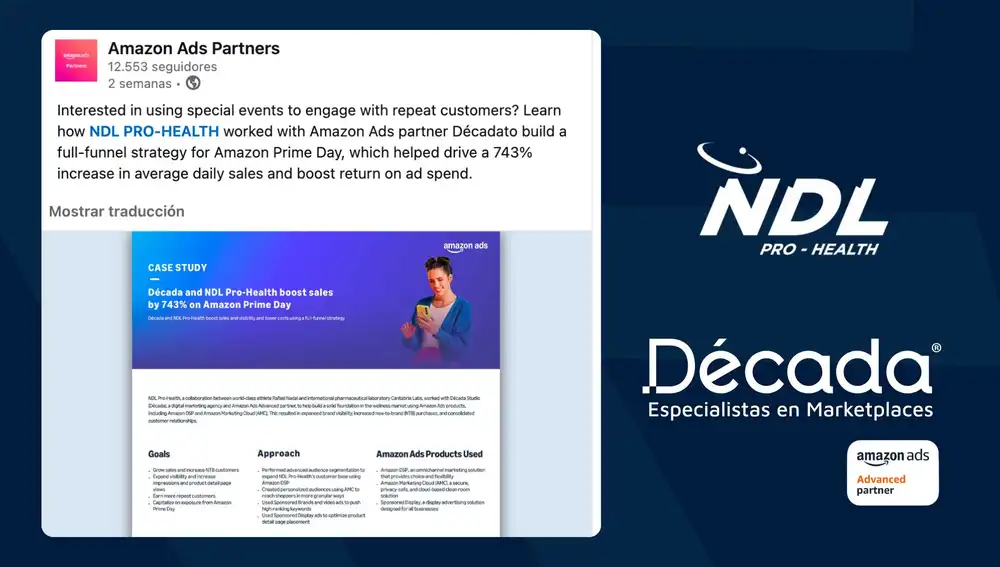 Amazon a reconocido como caso de estudio el trabajo de Década Studio en la estrategia publicitaria de NDL PRO HEALTH