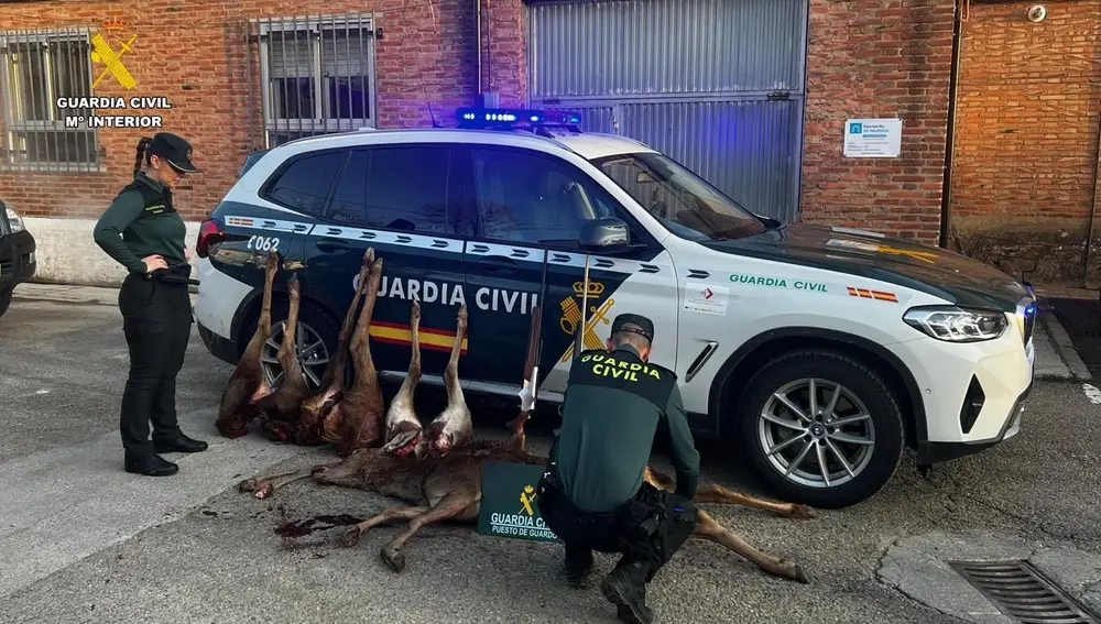 Los agentes de la Guardia Civil con las piezas de caza incautadas a los cazadores furtivos.