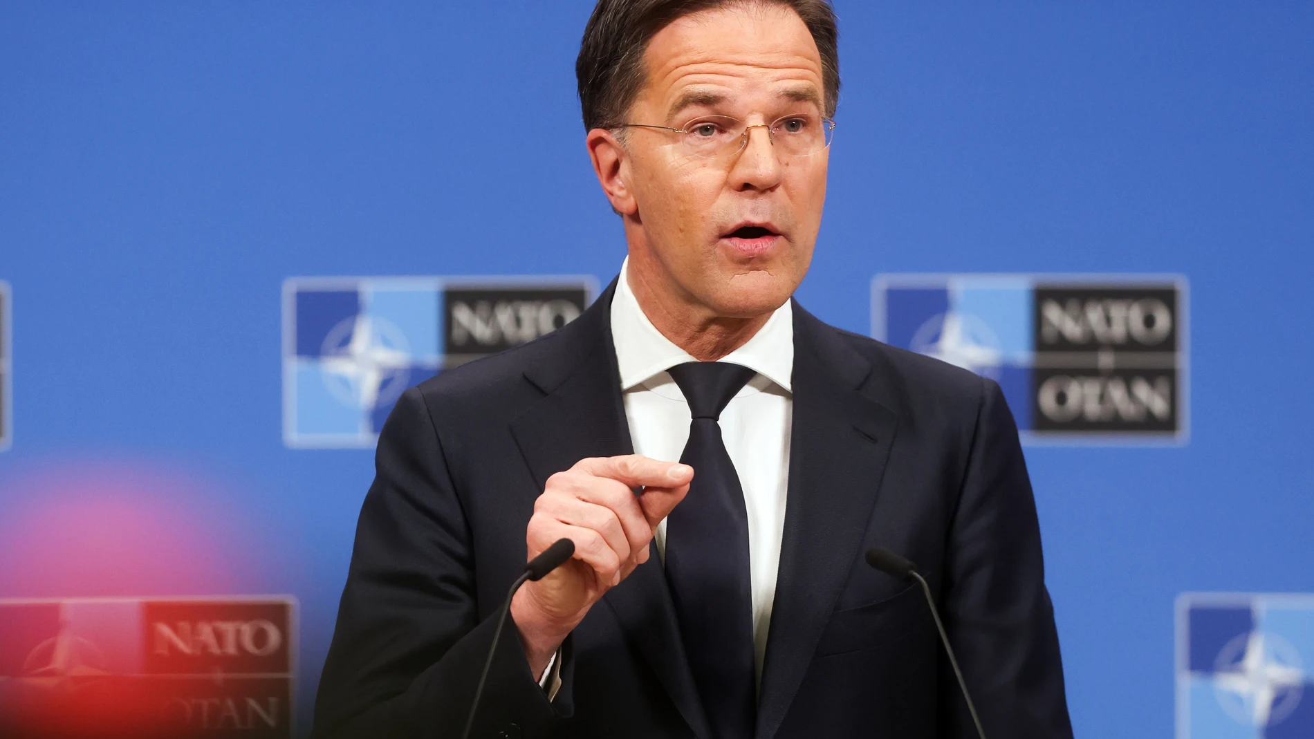 BRUSSELS (Belgium), 12/02/2025.- NATO Secretary-General Mark Rutte gives a press conference ahead to a North Atlantic Treaty Organization (NATO) Defense Ministers' meeting at the alliance's headquarters in Brussels, Belgium, 12 February 2025. (Bélgica, Bruselas) EFE/EPA/OLIVIER HOSLET