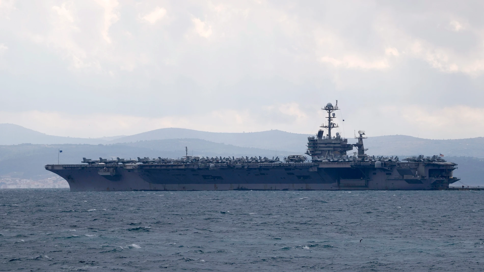 FILE - Aircraft carrier USS Harry S. Truman is moored near Split, Croatia, Feb. 14, 2022. (AP Photo/Darko Bandic, File)
