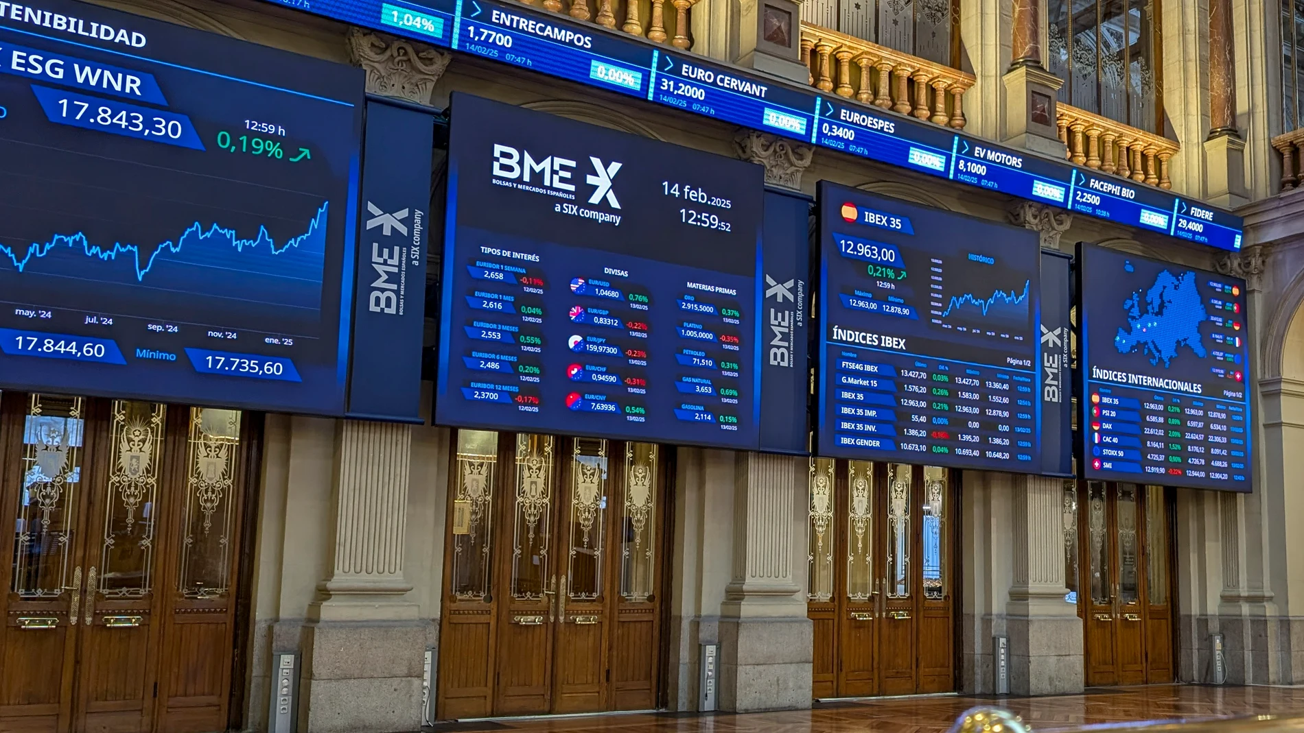 MADRID, 14/02/2025.-El IBEX 35, al igual que el resto de Europa, cotiza plano, con una caída del 0,03 % este mediodía tras la decisión de la UE de reaccionar "firme e inmediatamente" contra los "aranceles recíprocos" anunciados por el presidente de Estados Unidos, Donald Trump, a los países que gravan productos estadounidenses. EFE/ Vega Alonso