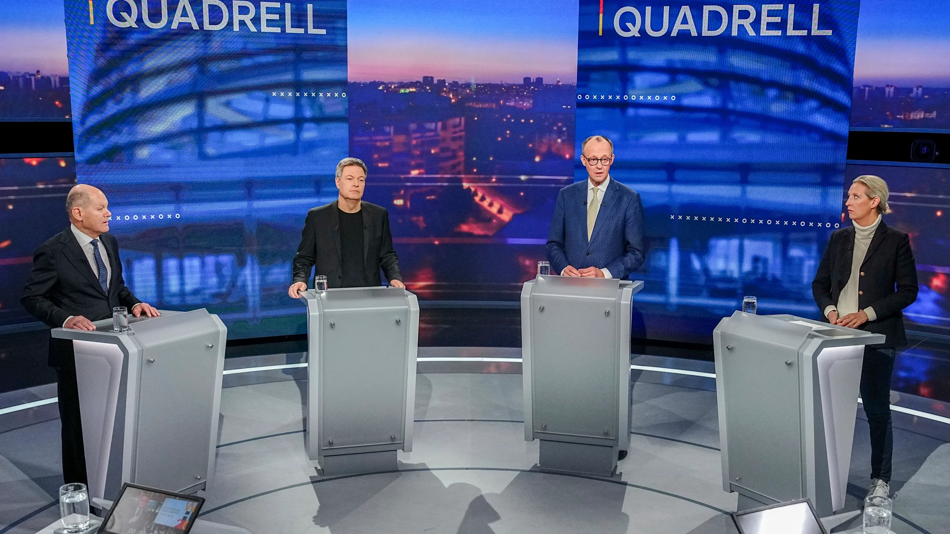 From left, Olaf Scholz of the German Social Democratic party, Robert Habeck of the Green party, Friedrich Merz of the German Christian Democratic Union and Alice Weidel of the Alternative for Germany (AFD) party, take part in a tv discussion in Berlin, Germany, Sunday, Feb. 16, 2025 of the German top candidates for the German federal election on Feb. 23, 2025. (Kay Nietfeld/DPA via AP, Pool)