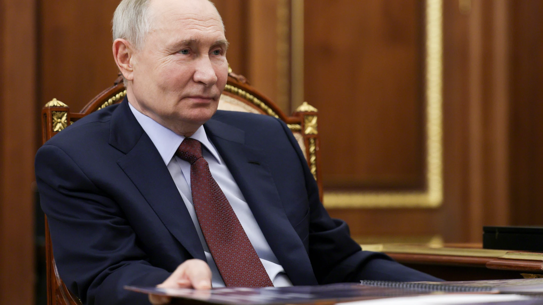 Russian President Vladimir Putin listens to Kamchatka Territory Governor Vladimir Solodov during their meeting at the Kremlin in Moscow, Russia, Monday, Feb. 17, 2025. (Mikhail Metzel, Sputnik, Kremlin Pool Photo via AP)