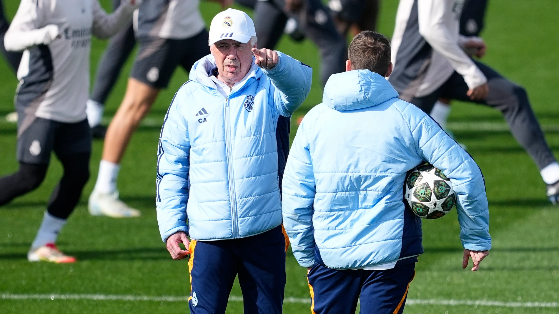 Carlo Ancelotti gestures during the training day of Real Madrid ahead the UEFA Champions League 2024/25 League Knockout Play-off second leg match against Manchester City at Ciudad Deportiva Real Madrid on February 18, 2024, in Valdebebas, Madrid, Spain. AFP7 18/02/2025 ONLY FOR USE IN SPAIN
