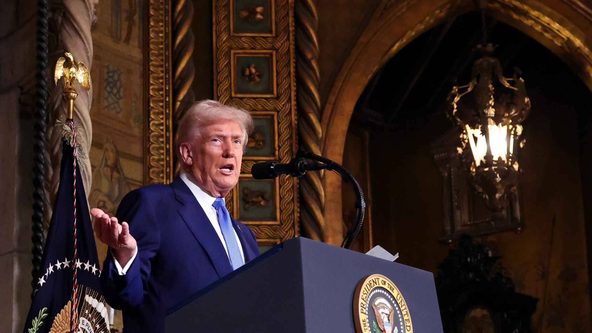 President Donald Trump speaks at Mar-a-Lago in Palm Beach, Fla., Tuesday, Feb. 18, 2025. (Pool via AP)