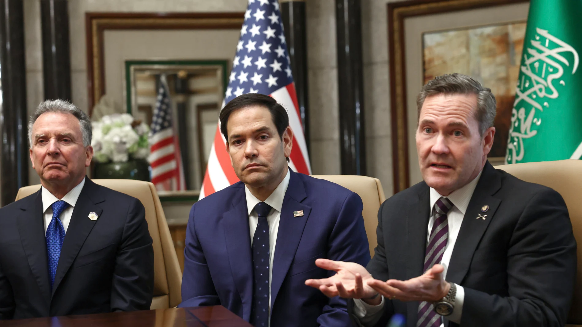 U.S. Secretary of State Marco Rubio, U.S. National Security Advisor Mike Waltz and U.S. Middle East envoy Steve Witkoff attend an interview after meeting with Russian Foreign Minister Sergei Lavrov and Russian President Vladimir Putin's foreign policy advisor Yuri Ushakov, at Diriyah Palace, in Riyadh, Saudi Arabia, Tuesday, Feb. 18, 2025. (Evelyn Hockstein/Pool Photo via AP)