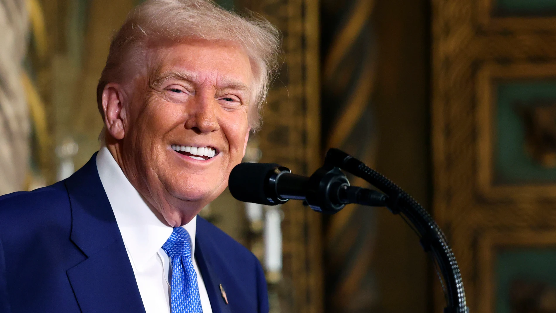 President Donald Trump speaks at Mar-a-Lago in Palm Beach, Fla., Tuesday, Feb. 18, 2025. (Pool via AP)